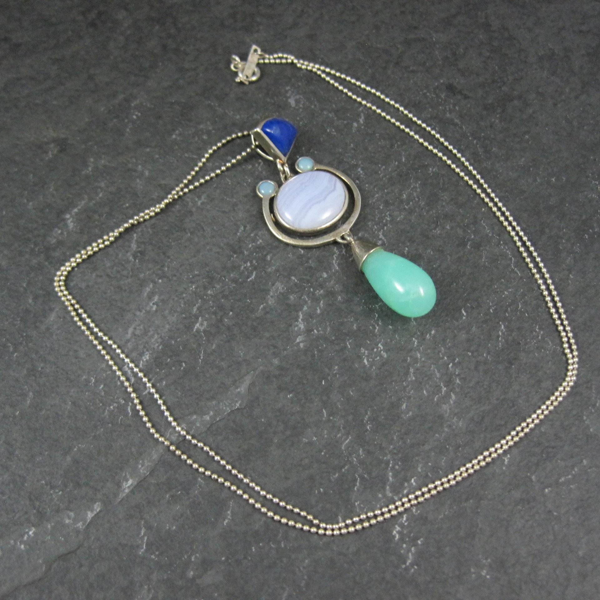 Sterling Lapis Lazuli Banded Agate Aventurine Opal Pendant