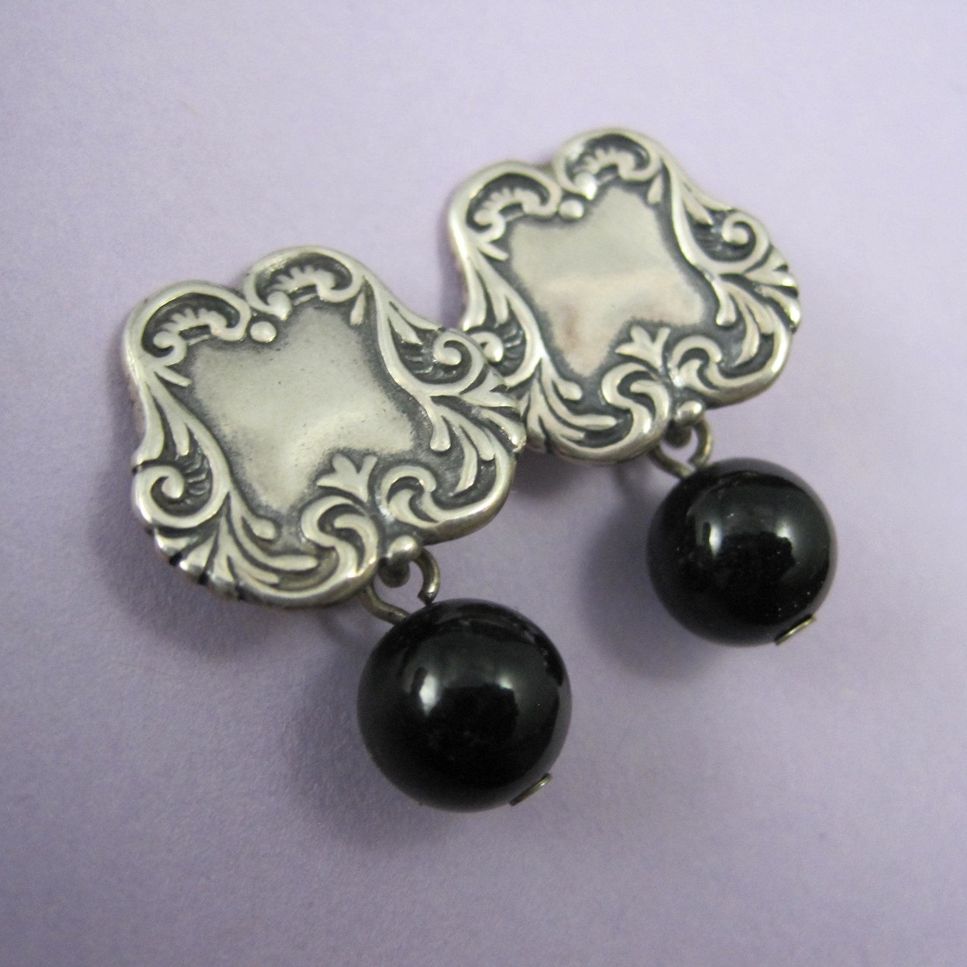 Vintage Sterling Silver Onyx Sphere Earrings