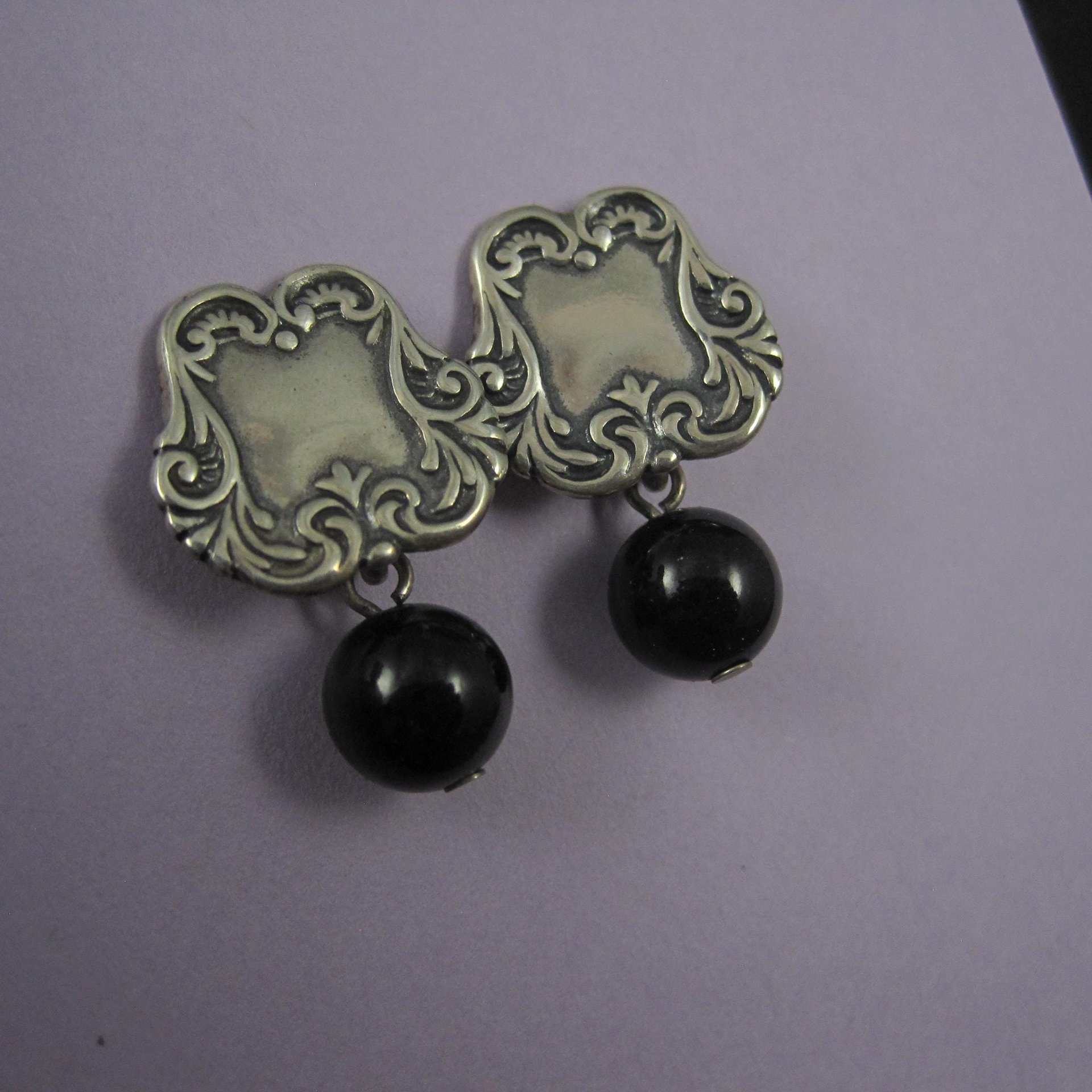 Vintage Sterling Silver Onyx Sphere Earrings