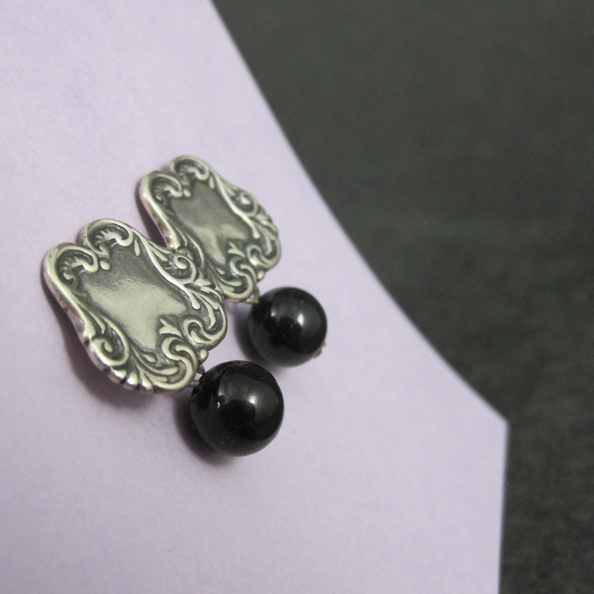 Vintage Sterling Silver Onyx Sphere Earrings