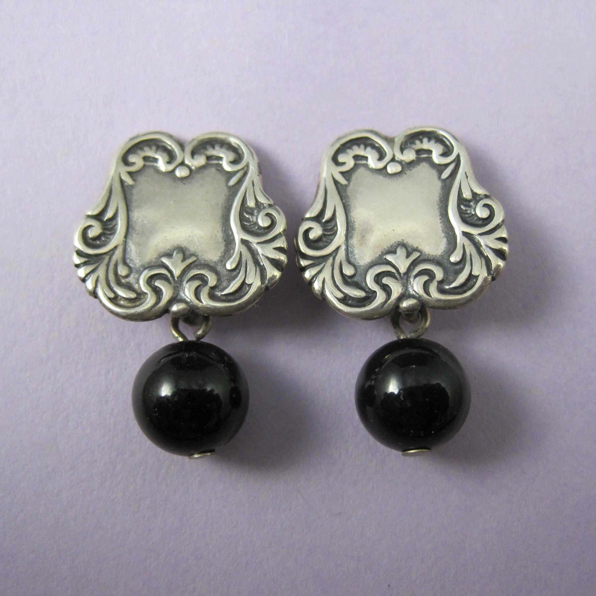 Vintage Sterling Silver Onyx Sphere Earrings