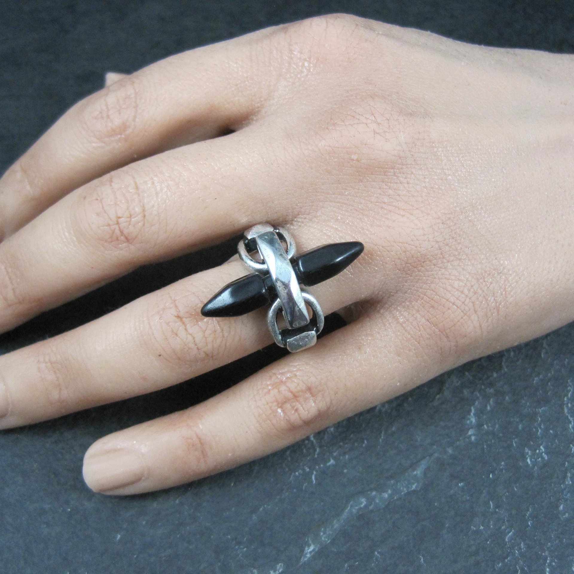 Unique Sterling Silver Black Obsidian Crystal Ring Size 7