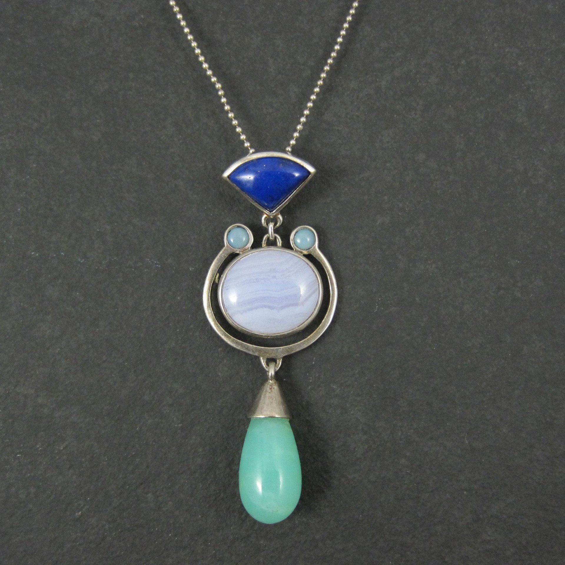 Sterling Lapis Lazuli Banded Agate Aventurine Opal Pendant