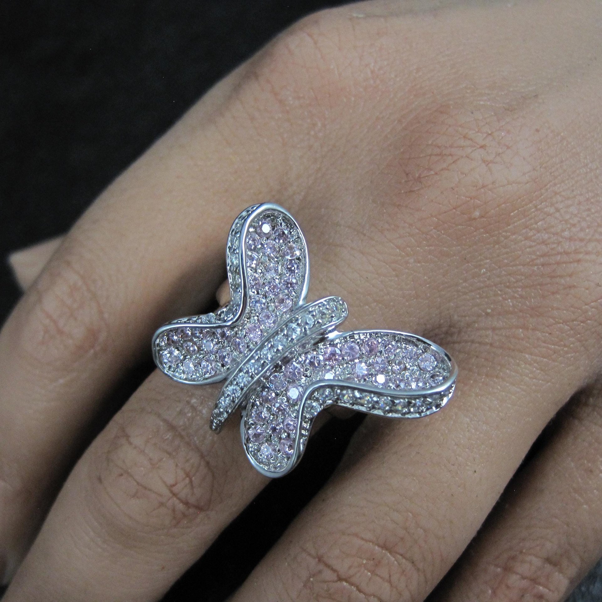 Estate Sterling Silver Pink Butterfly Ring Size 7.5