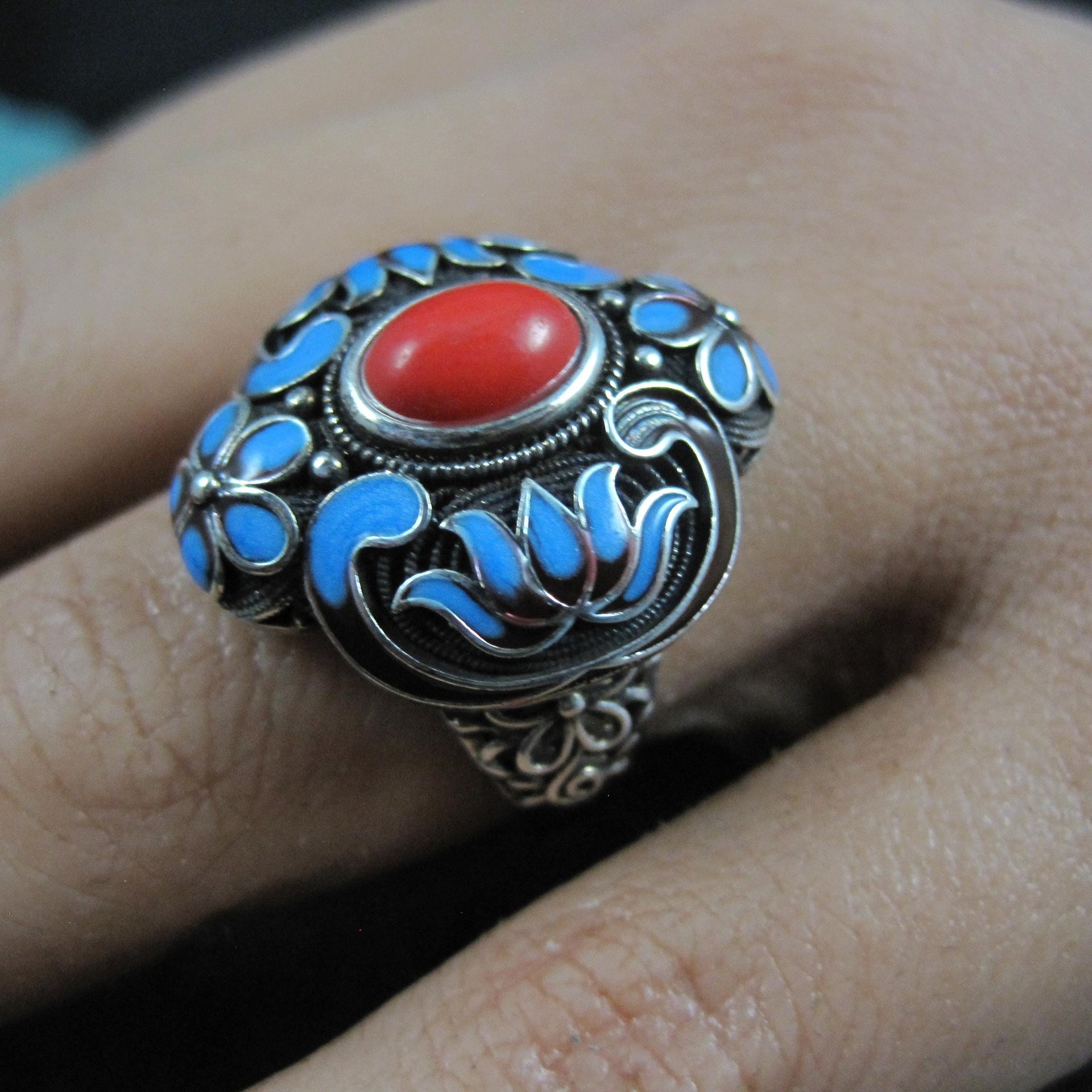 Vintage Enamel Ring 900 Silver Adjustable