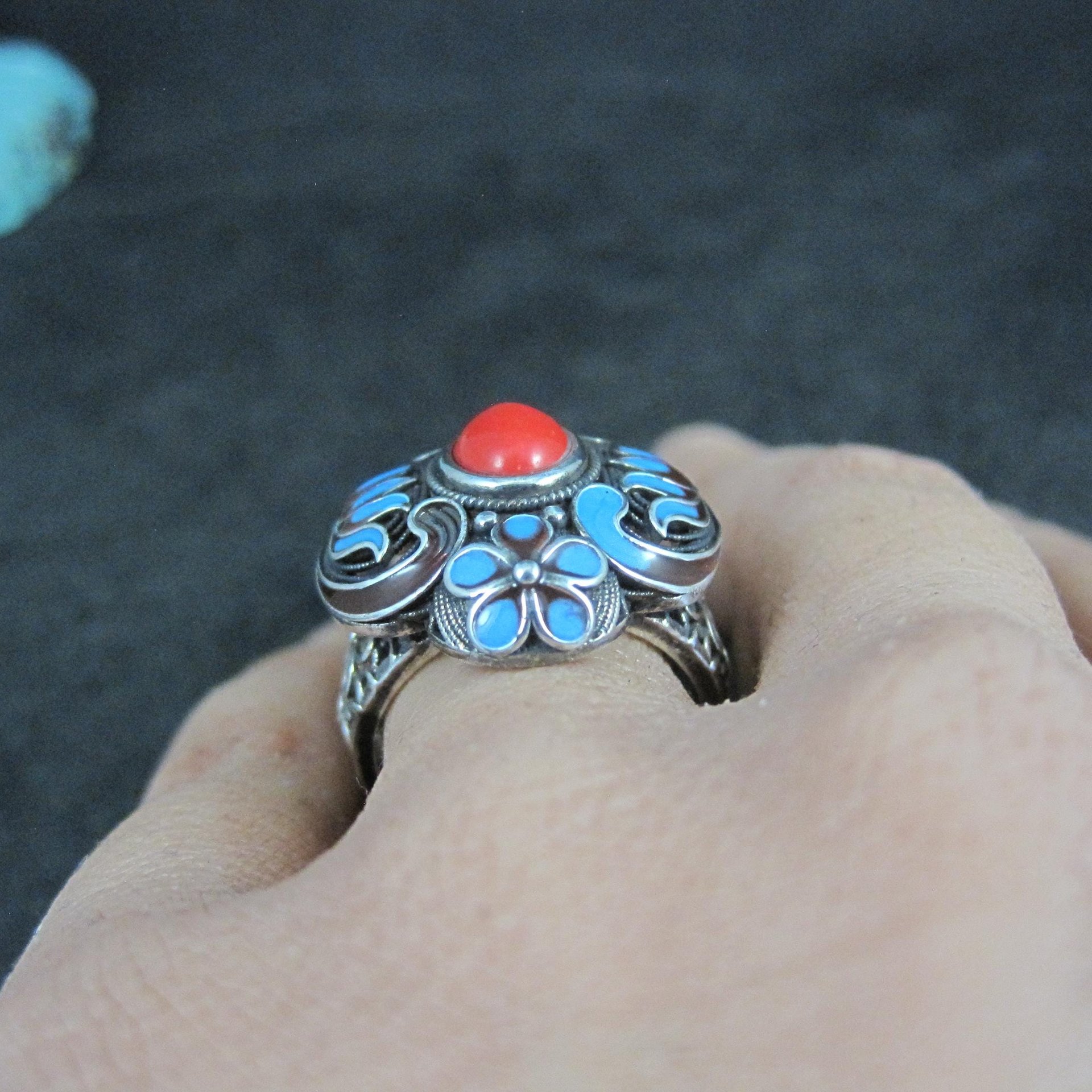 Vintage Enamel Ring 900 Silver Adjustable
