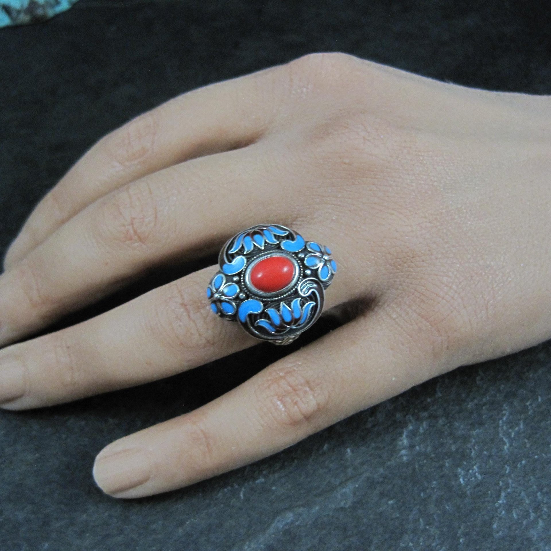 Vintage Enamel Ring 900 Silver Adjustable