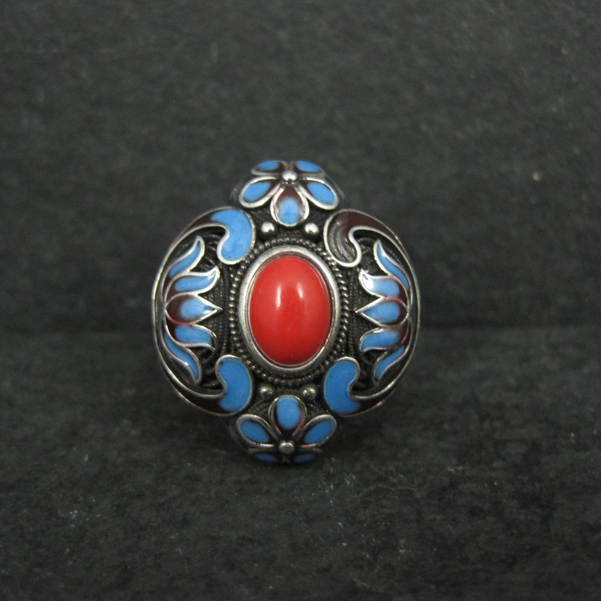 Vintage Enamel Ring 900 Silver Adjustable