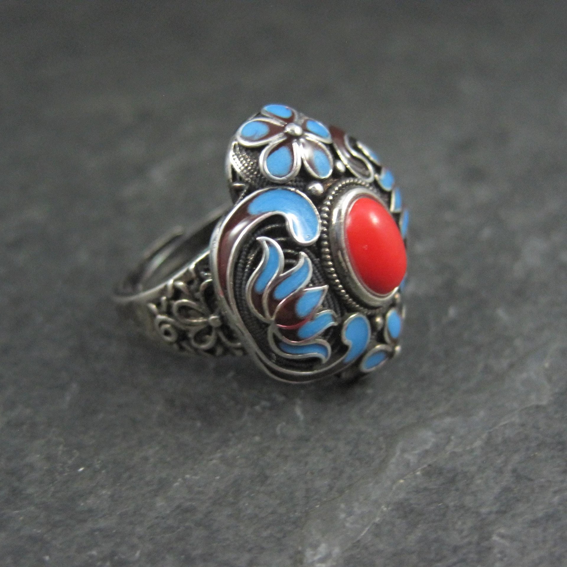 Vintage Enamel Ring 900 Silver Adjustable