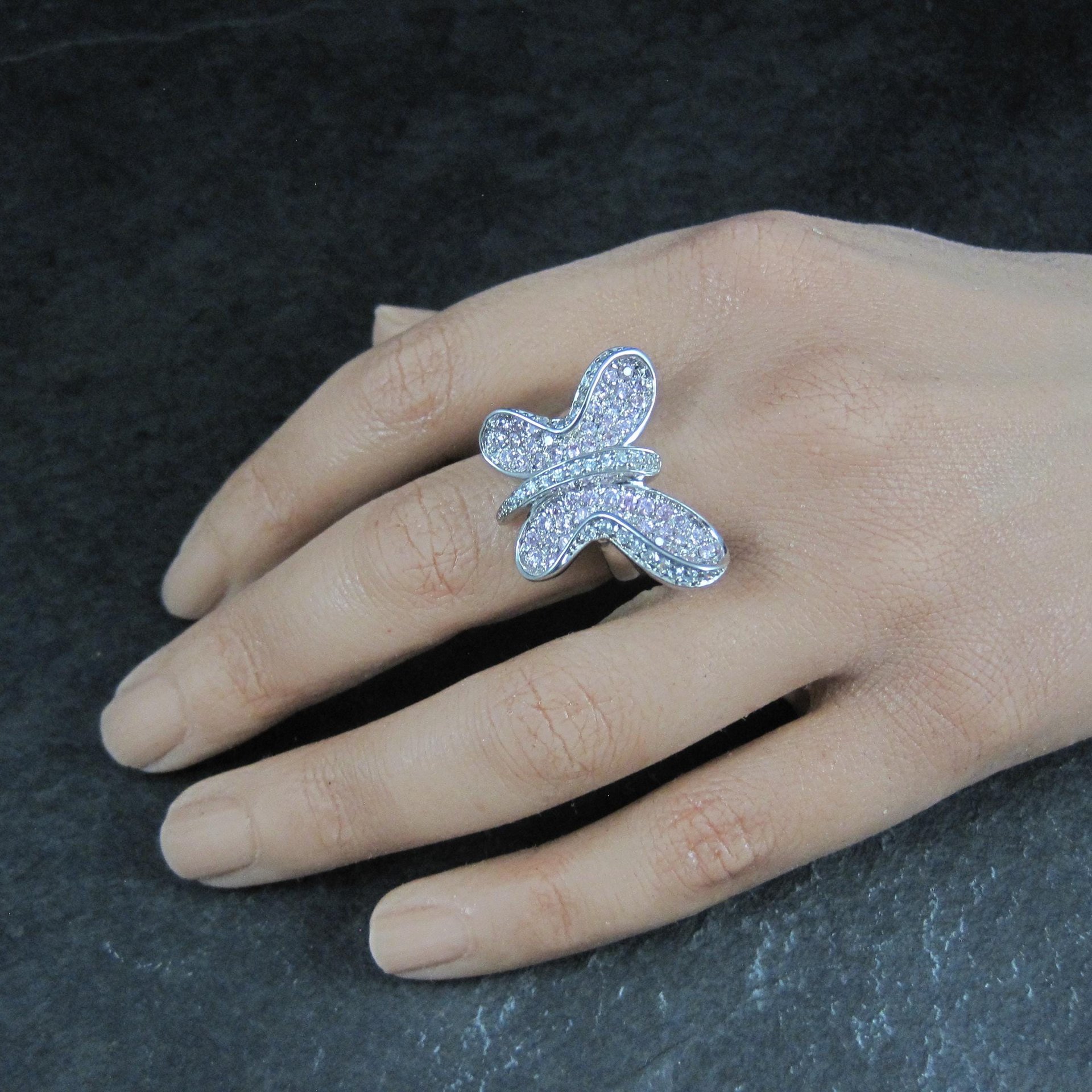 Estate Sterling Silver Pink Butterfly Ring Size 7.5