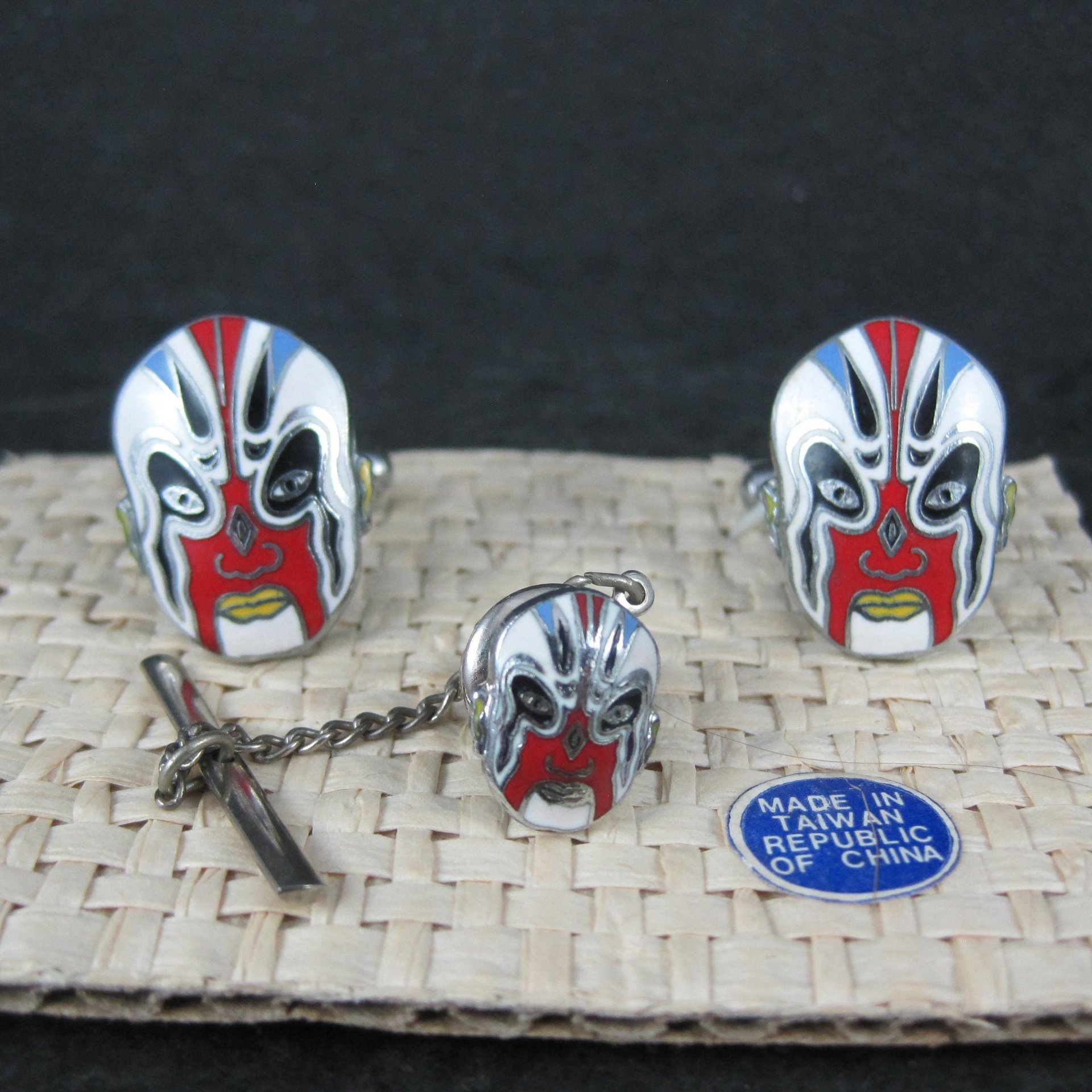 Vintage Enamel Kabuki Cufflinks and Tie Tack Set - New Old Stock