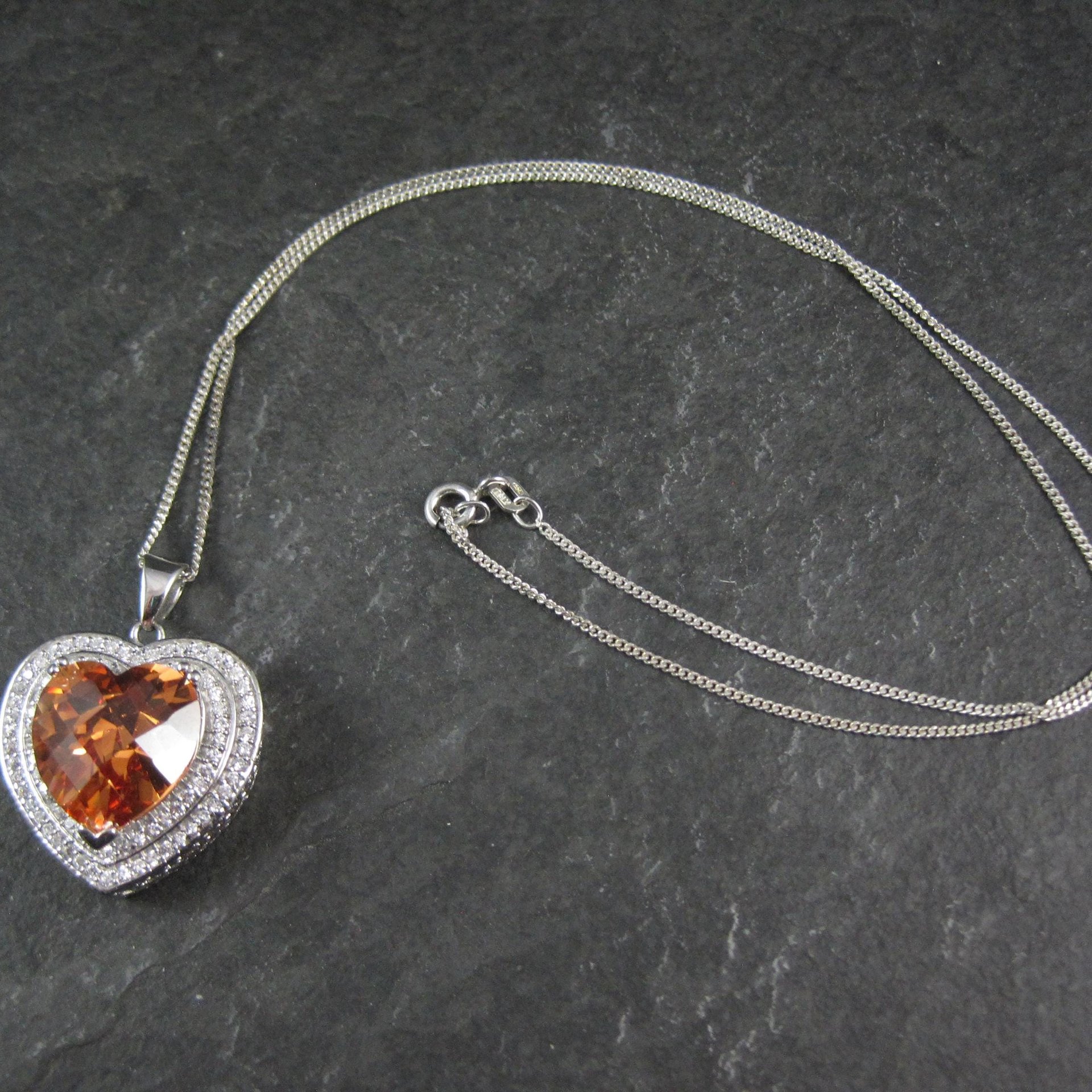 Estate Sterling Cognac Citrine Heart Pendant Necklace