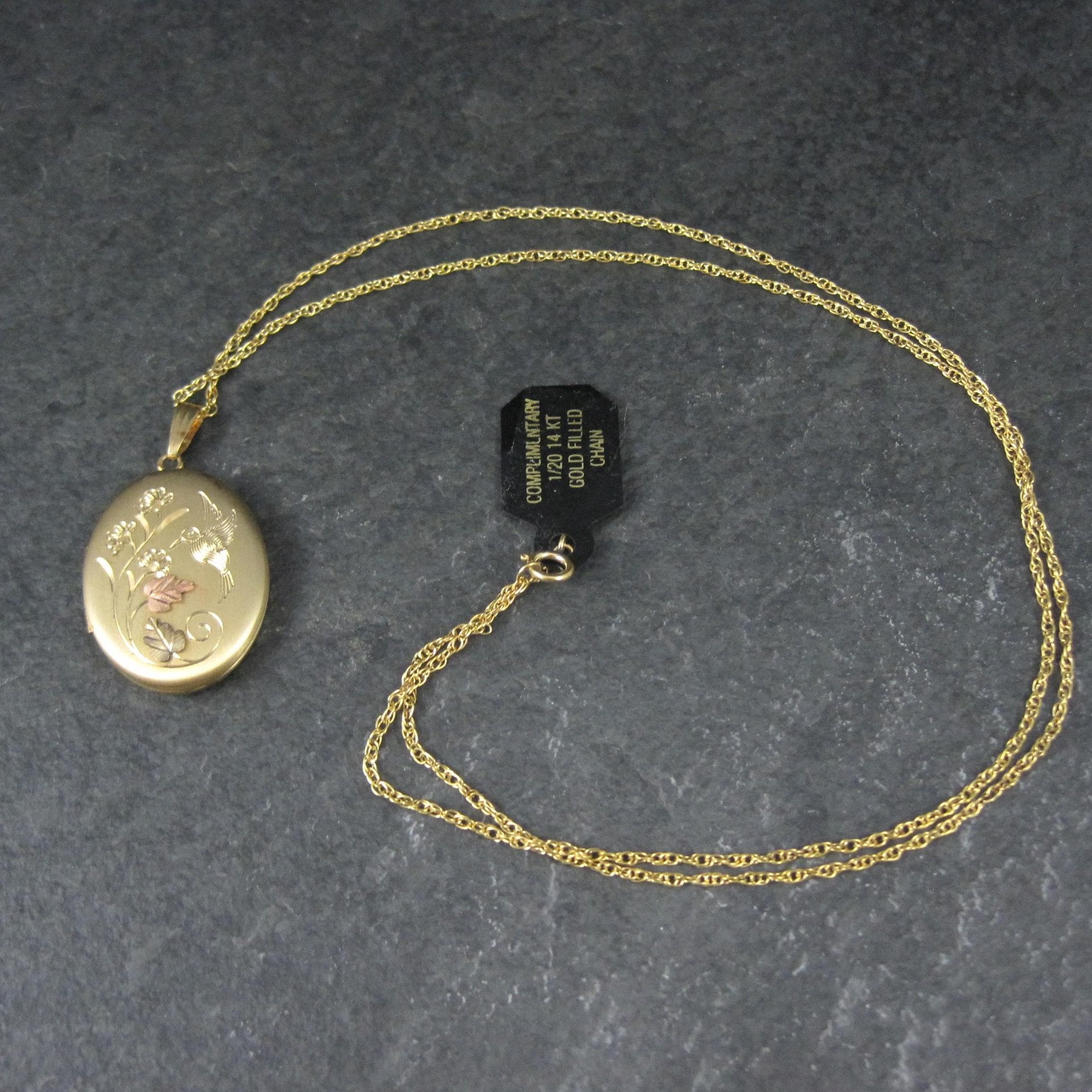 Vintage Black Hills Gold Hummingbird Locket Necklace Coleman Co NOS