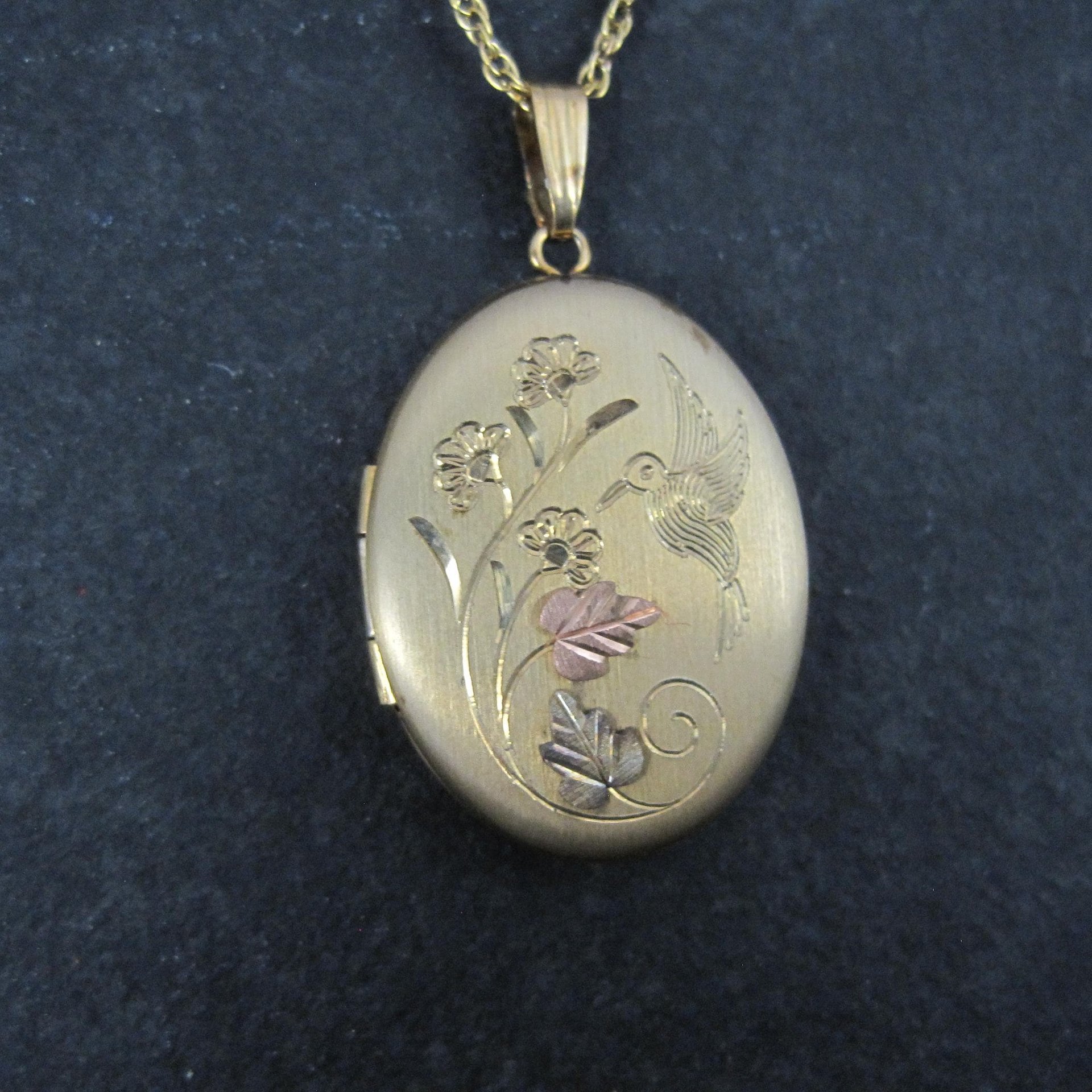 Vintage Black Hills Gold Hummingbird Locket Necklace Coleman Co NOS