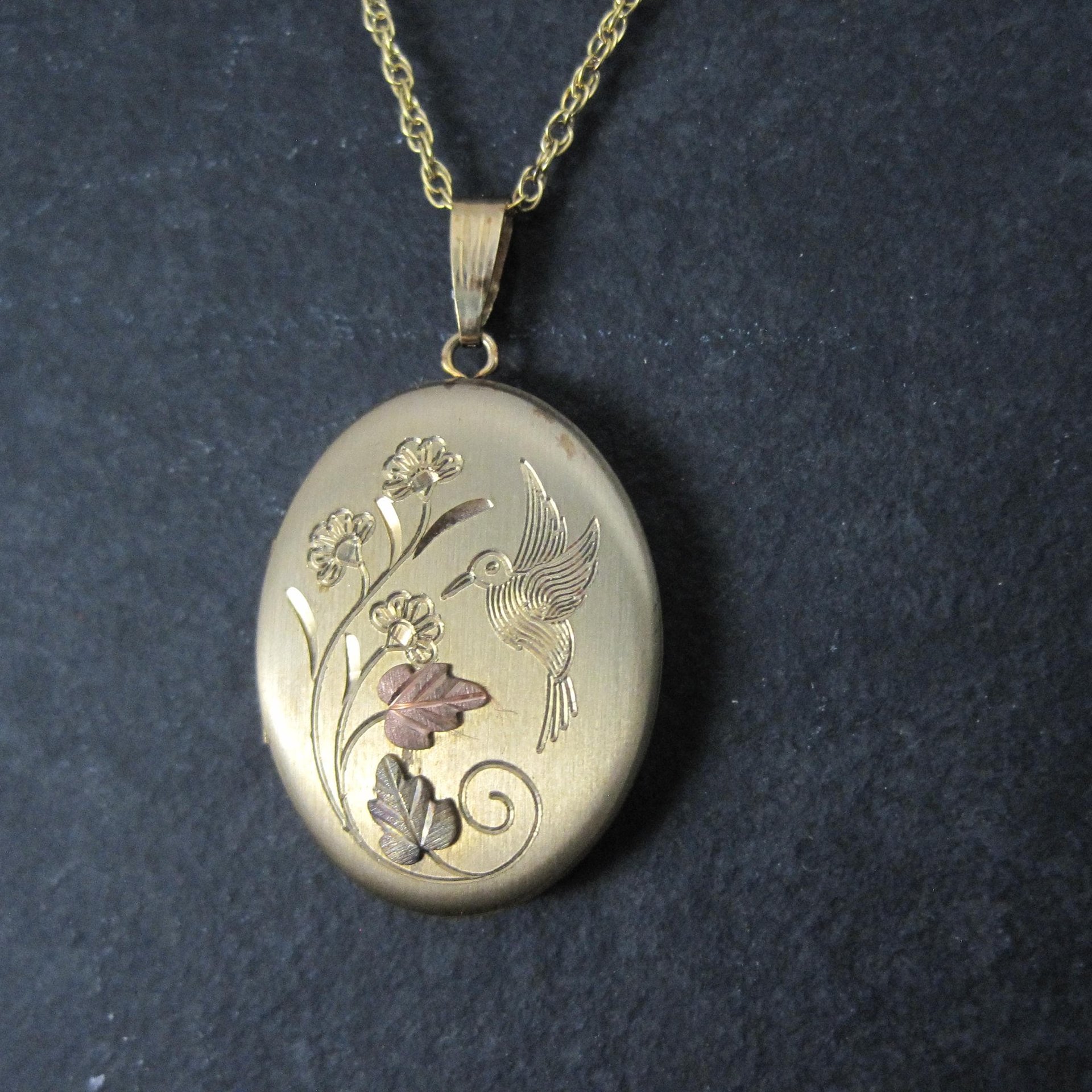 Vintage Black Hills Gold Hummingbird Locket Necklace Coleman Co NOS