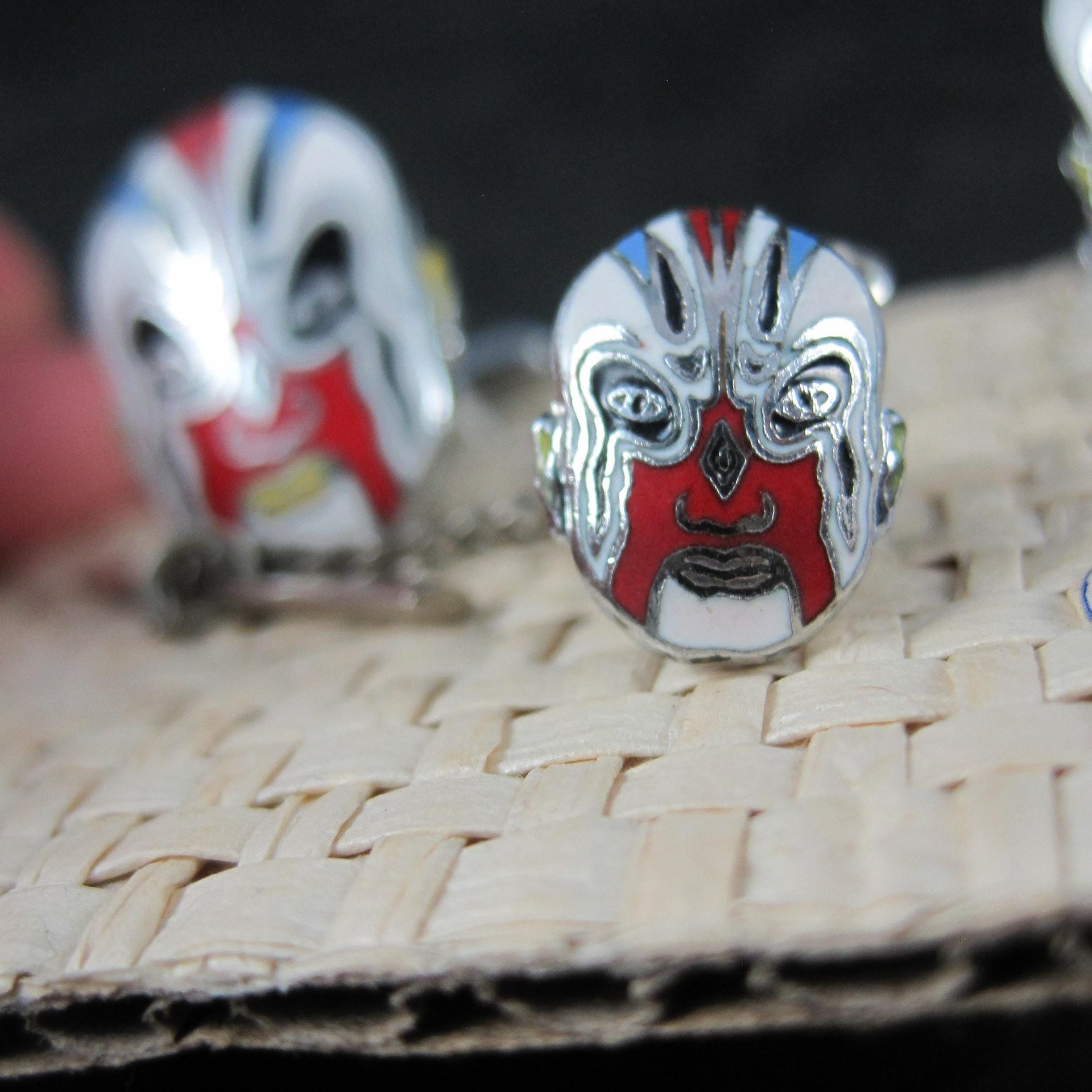 Vintage Enamel Kabuki Cufflinks and Tie Tack Set - New Old Stock