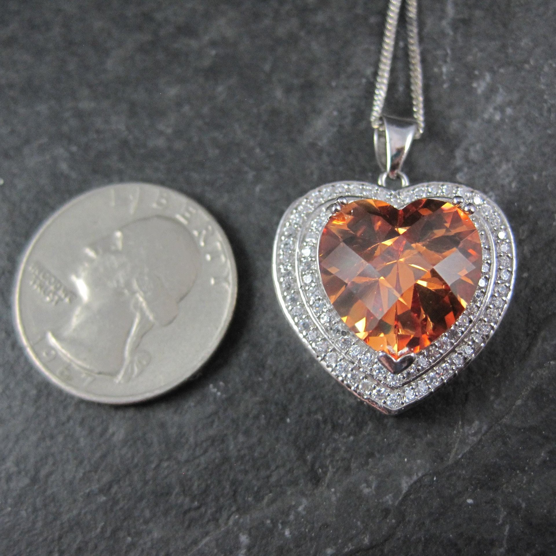 Estate Sterling Cognac Citrine Heart Pendant Necklace