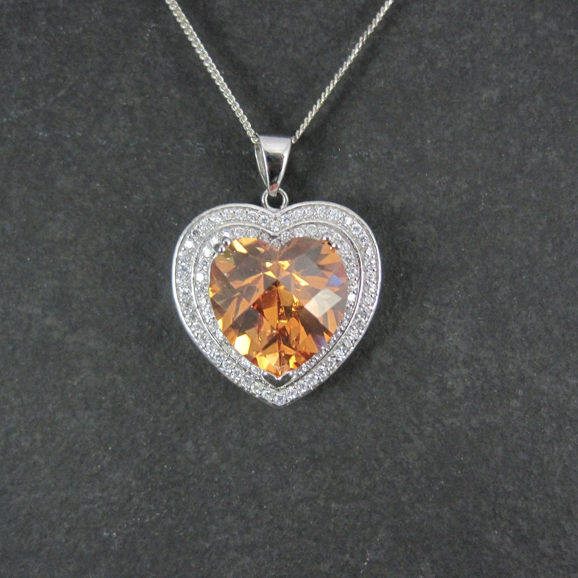Estate Sterling Cognac Citrine Heart Pendant Necklace