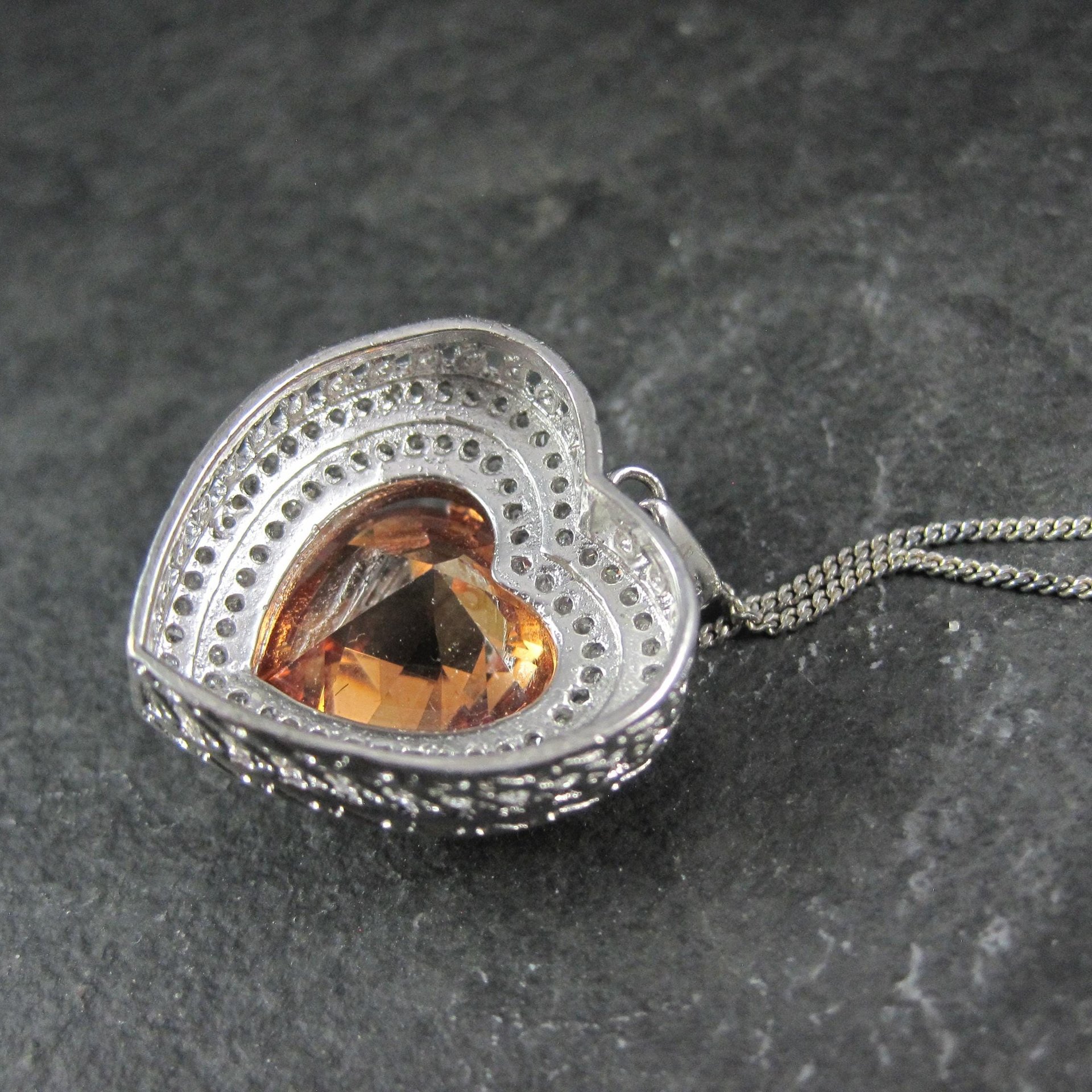 Estate Sterling Cognac Citrine Heart Pendant Necklace