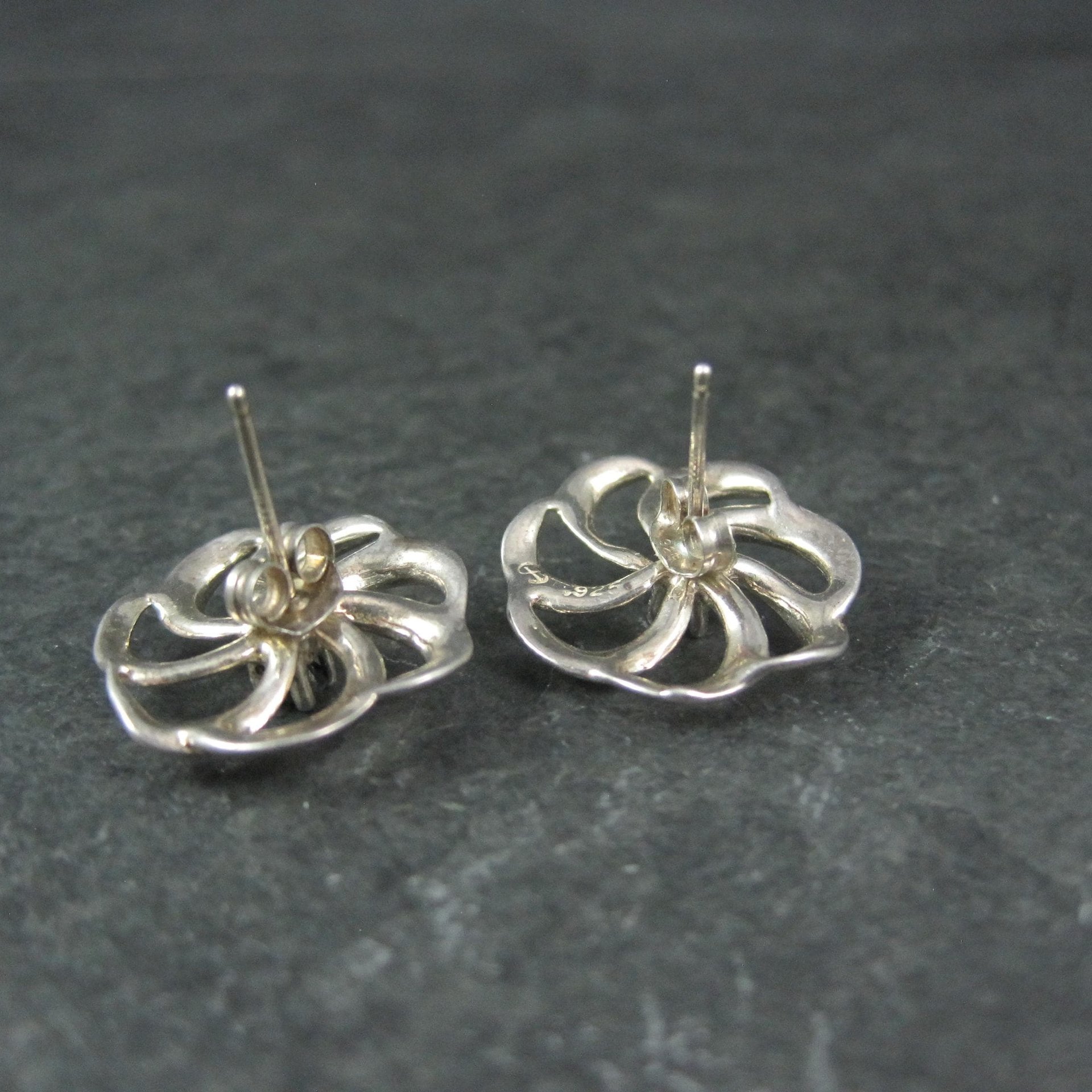 Vintage Black Spinel Flower Earrings 5/8" Sterling Silver