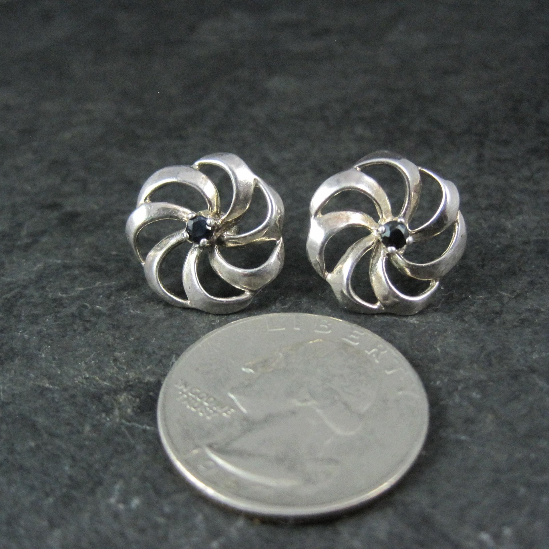 Vintage Black Spinel Flower Earrings 5/8" Sterling Silver