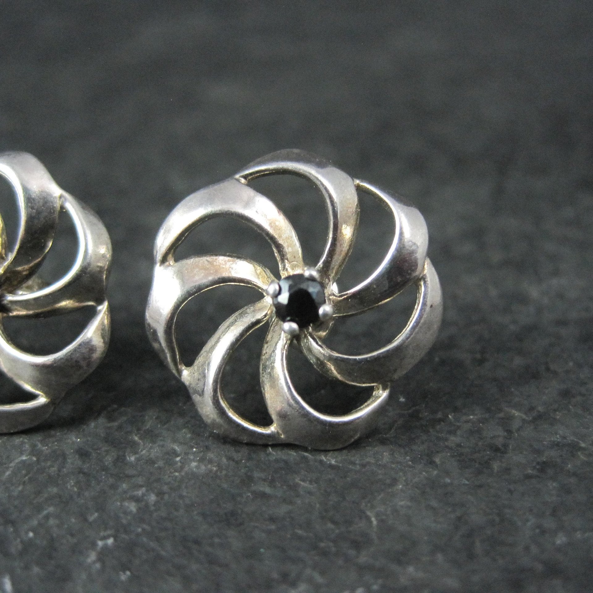 Vintage Black Spinel Flower Earrings 5/8" Sterling Silver