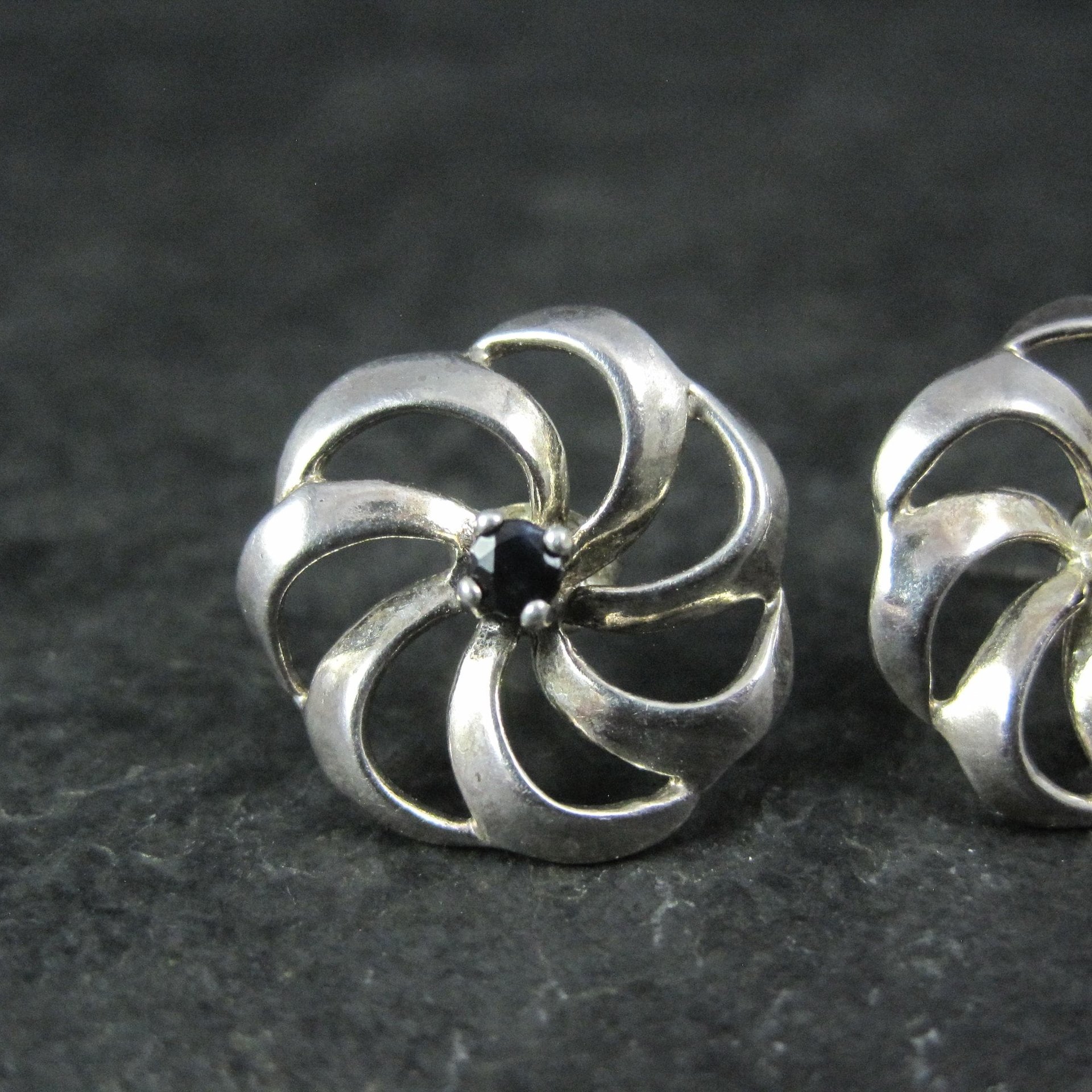 Vintage Black Spinel Flower Earrings 5/8" Sterling Silver