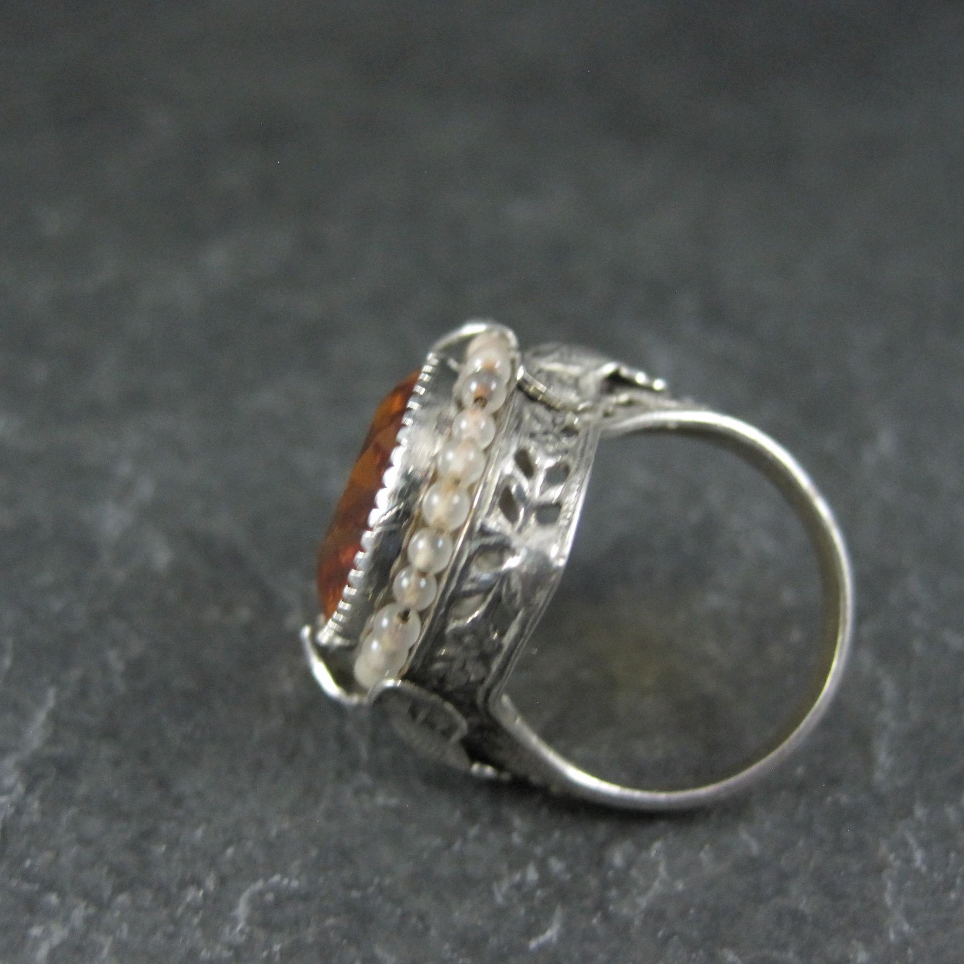 Antique Filigree Sterling Topaz Glass Leaf Ring Size 6