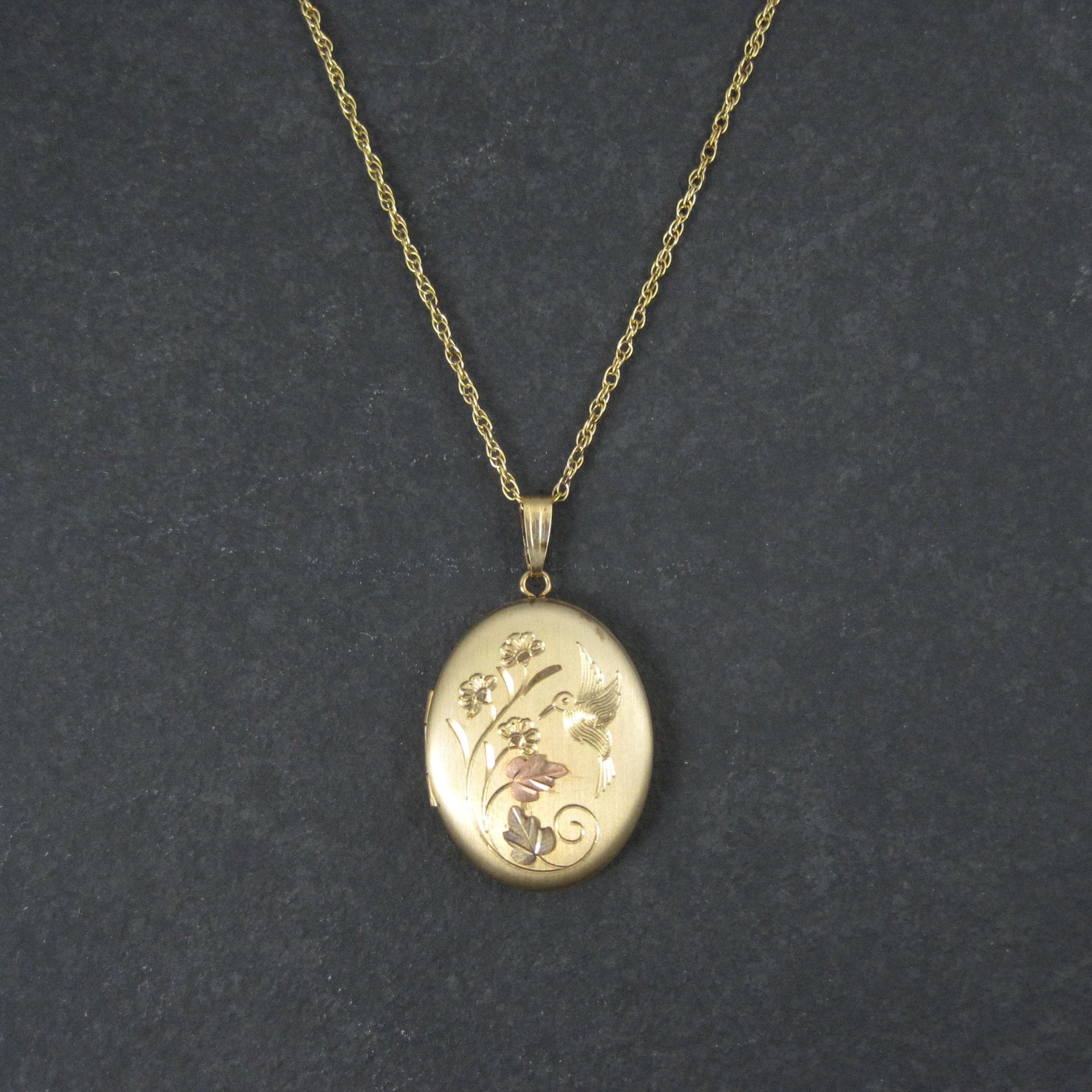 Vintage Black Hills Gold Hummingbird Locket Necklace Coleman Co NOS
