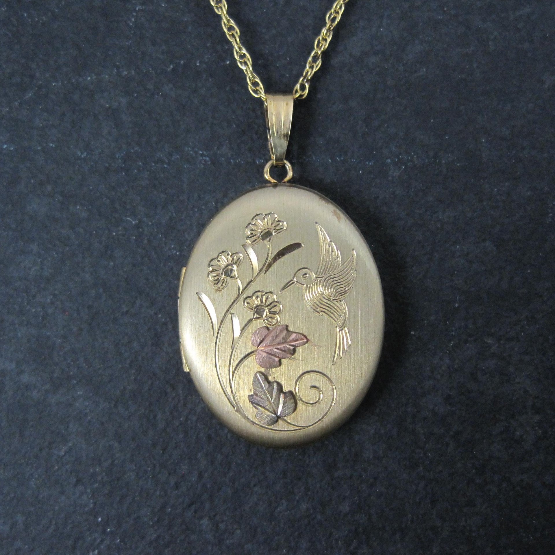 Vintage Black Hills Gold Hummingbird Locket Necklace Coleman Co NOS
