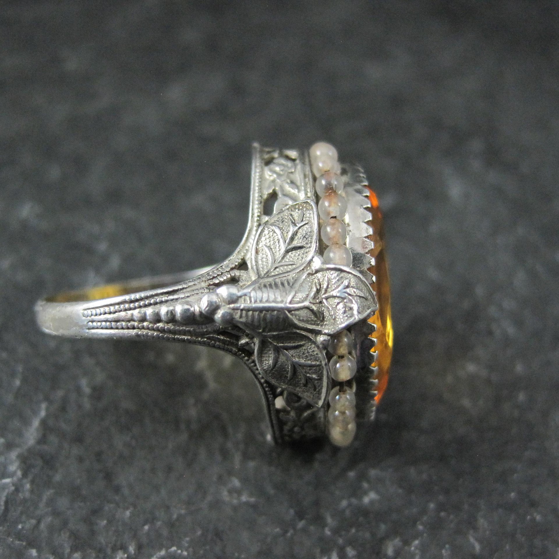 Antique Filigree Sterling Topaz Glass Leaf Ring Size 6