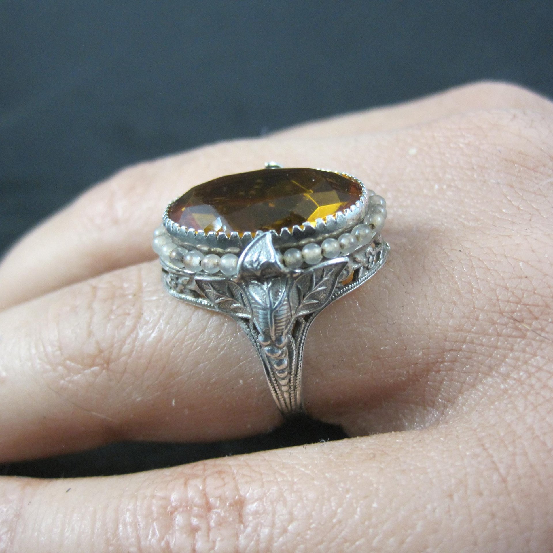 Antique Filigree Sterling Topaz Glass Leaf Ring Size 6