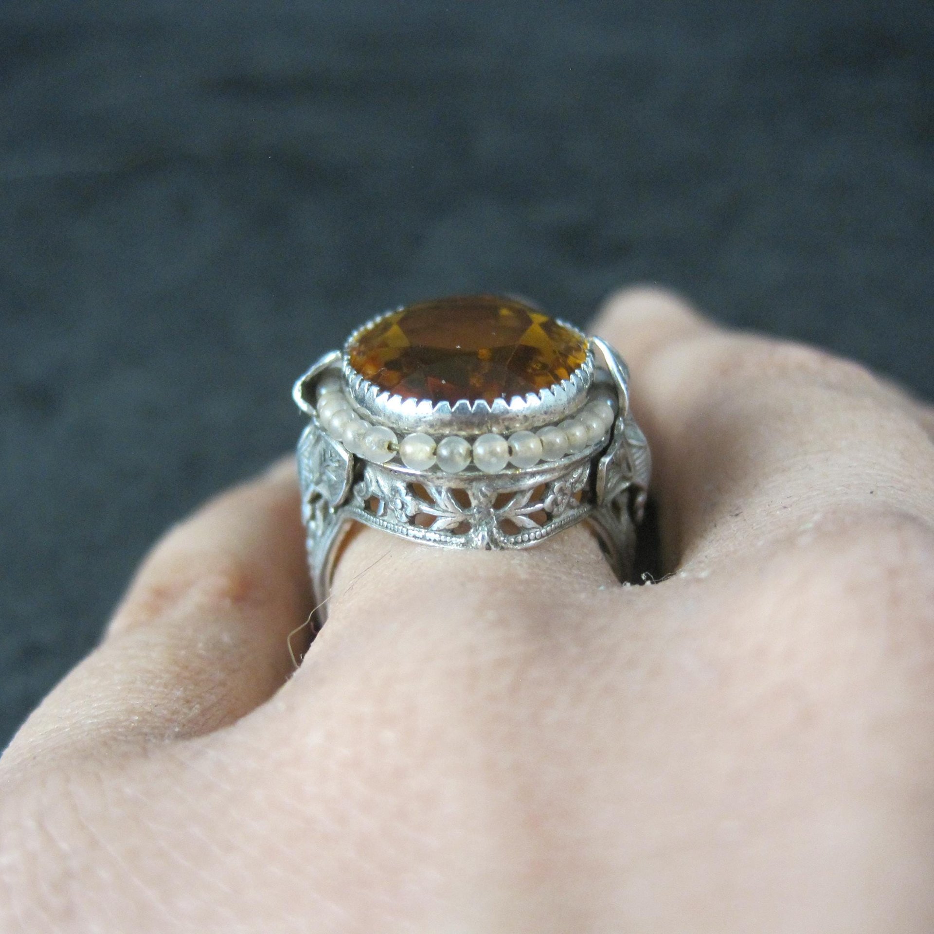 Antique Filigree Sterling Topaz Glass Leaf Ring Size 6