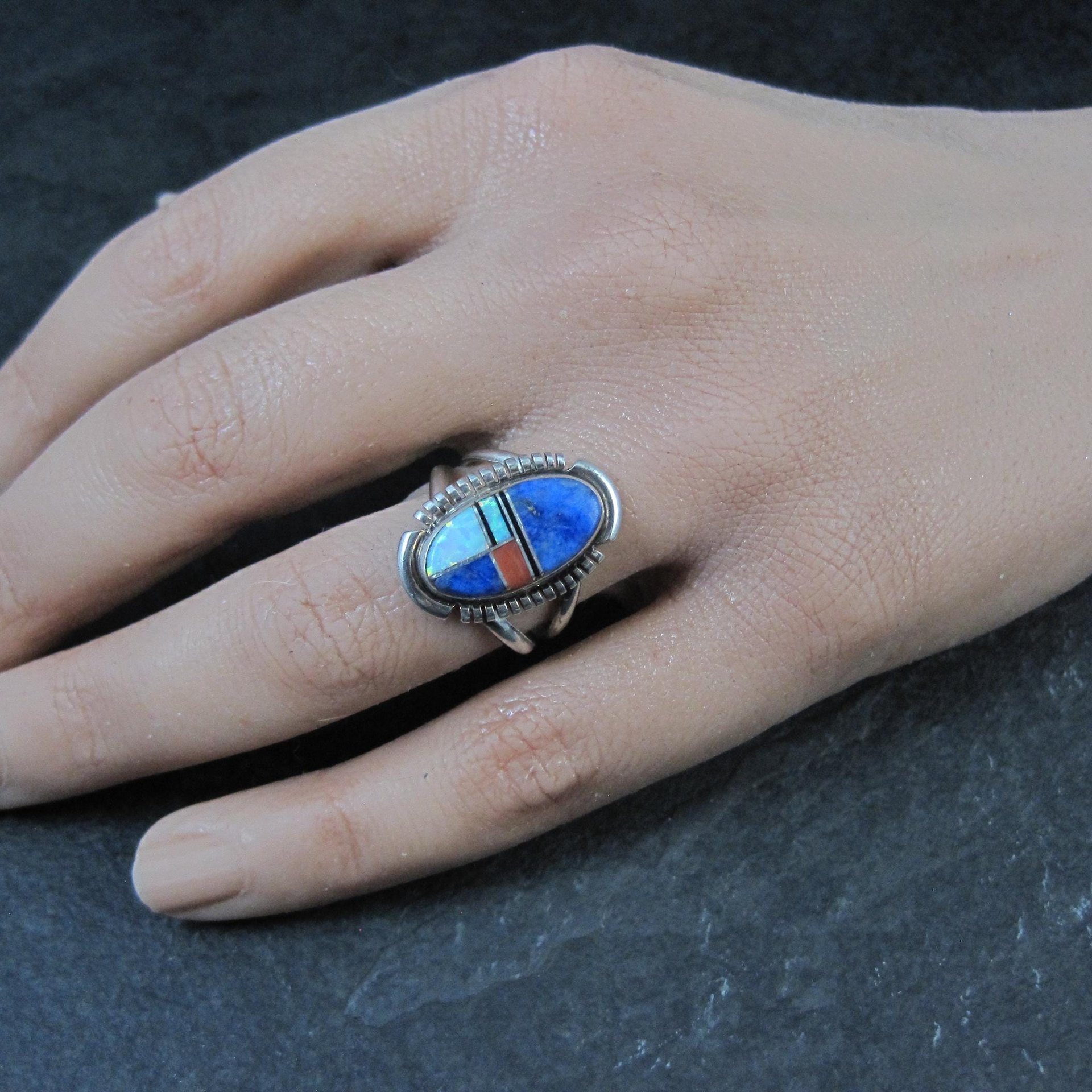 Vintage Sterling Inlay Ring Size 7 Southwestern Silver