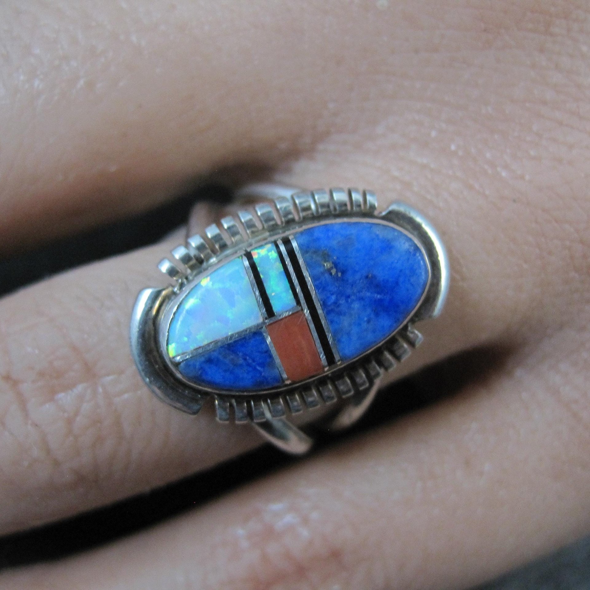 Vintage Sterling Inlay Ring Size 7 Southwestern Silver