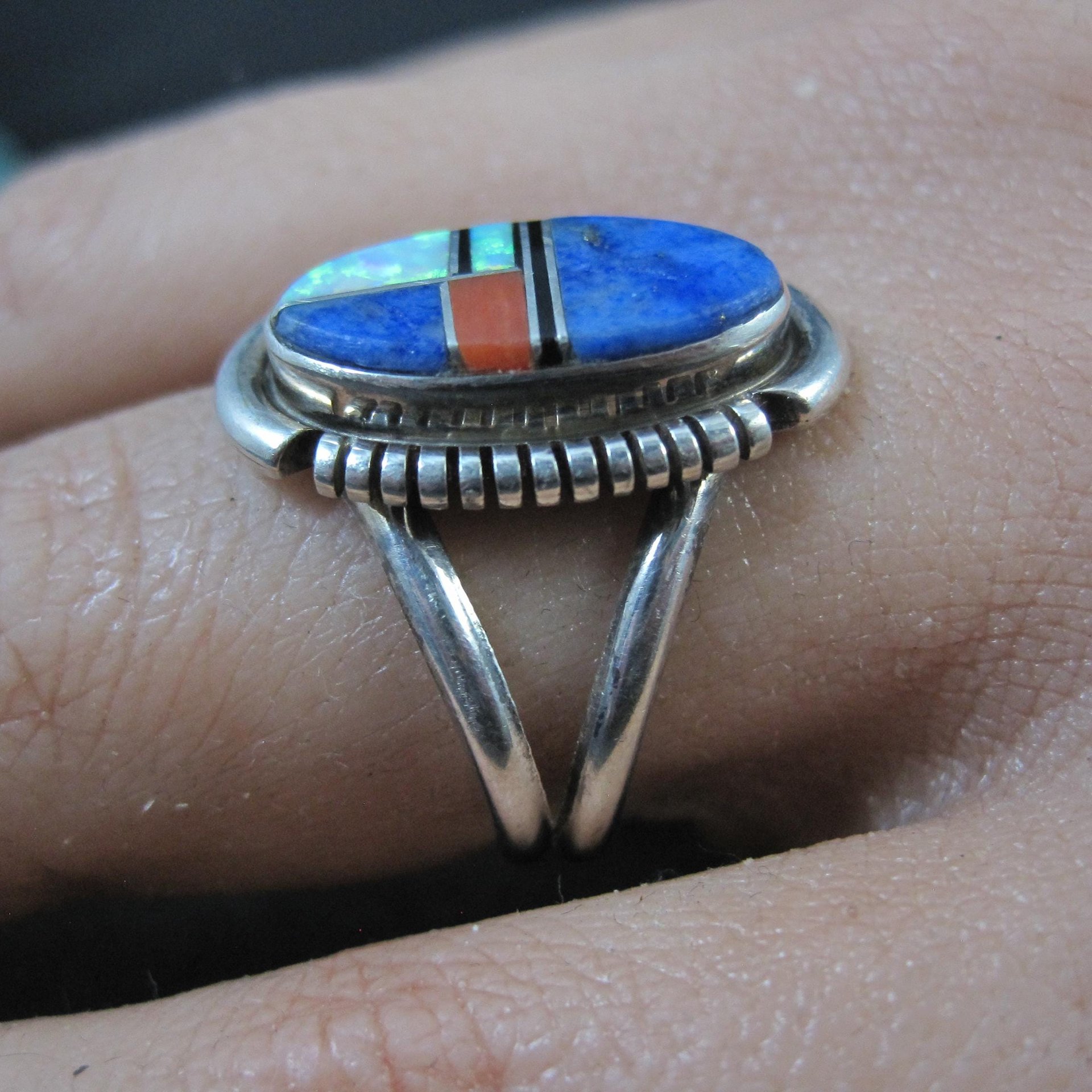 Vintage Sterling Inlay Ring Size 7 Southwestern Silver