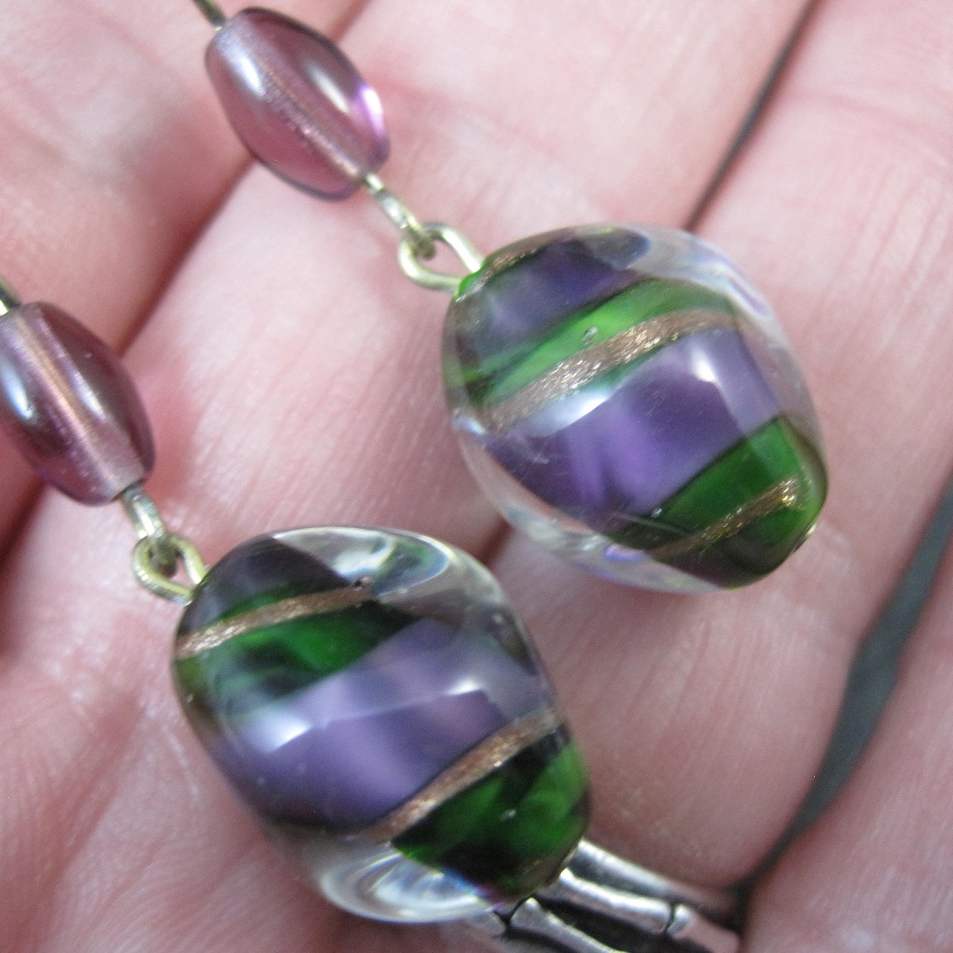 Long Purple & Green Art Glass Earrings