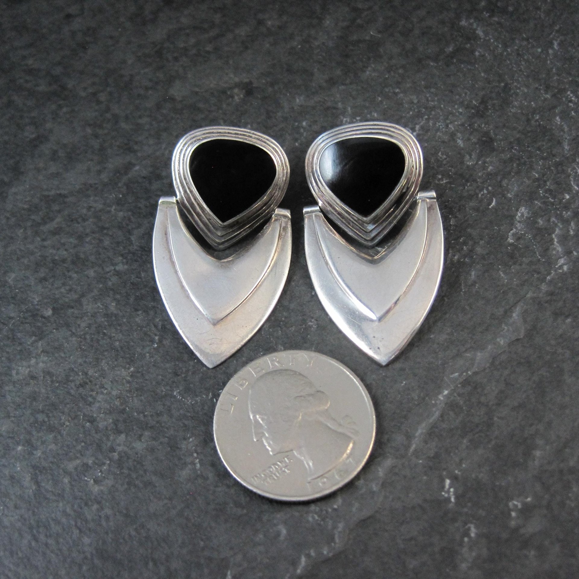 Large 1980s Onyx Earrings Sterling Silver