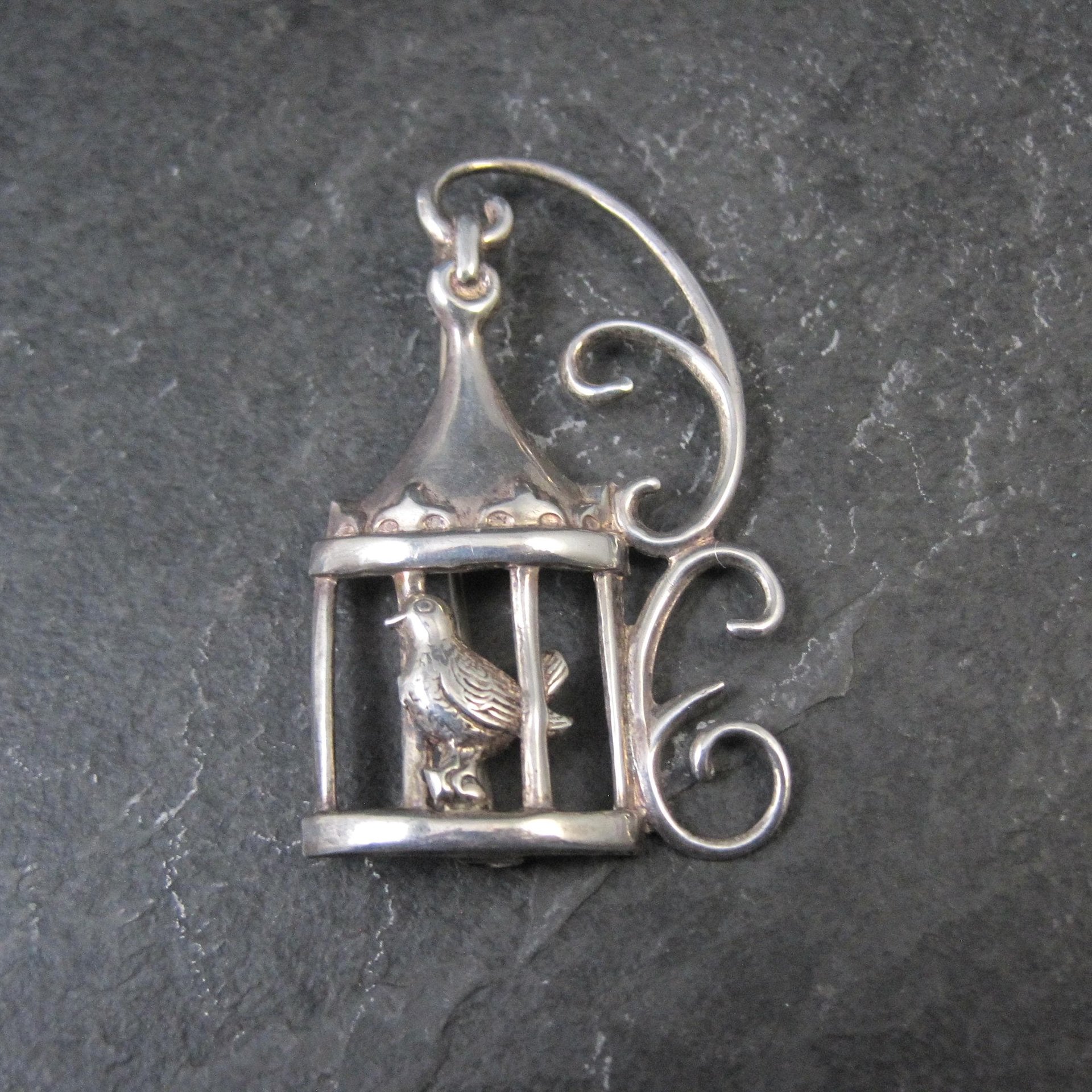 Vintage Sterling Silver Bird in Birdcage Brooch