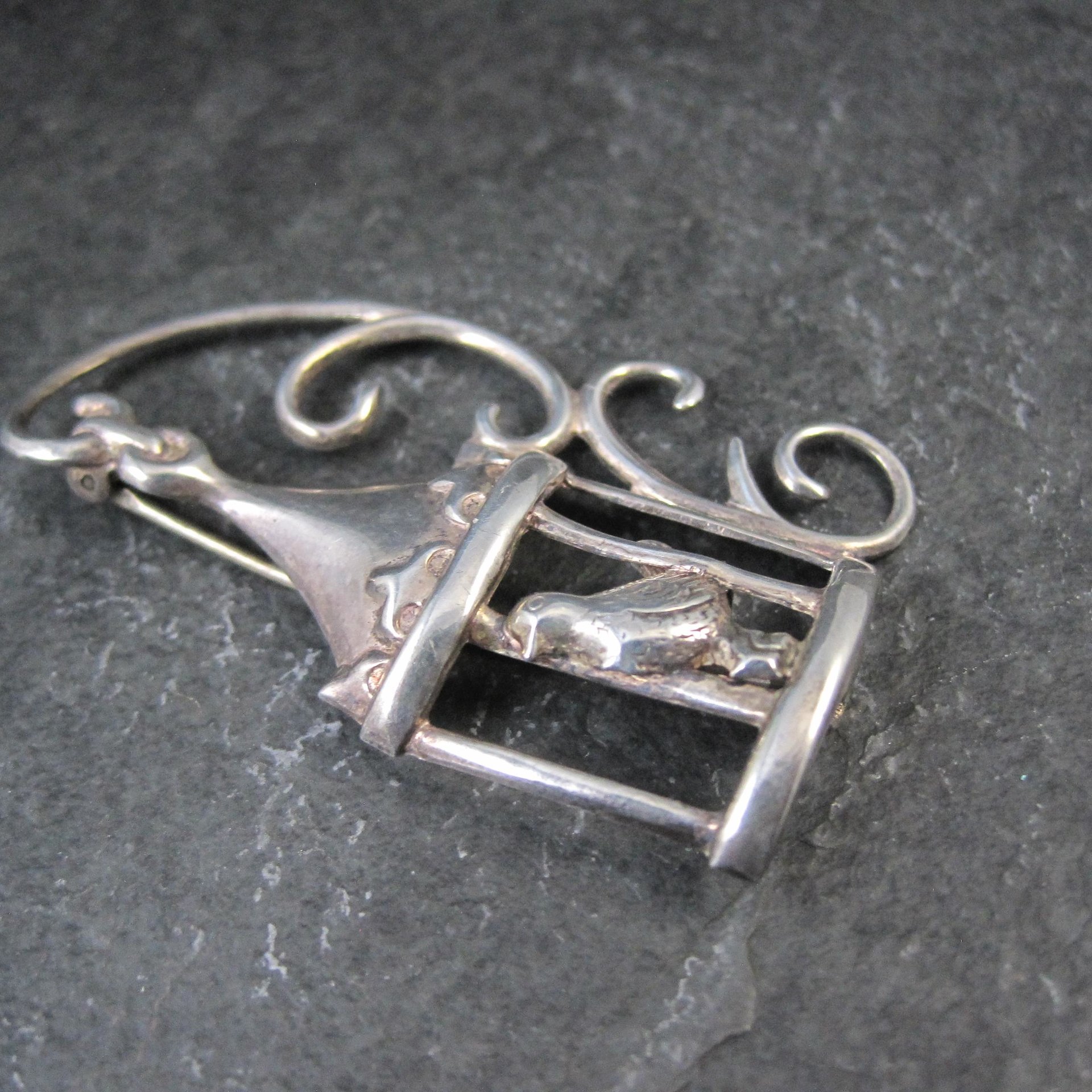 Vintage Sterling Silver Bird in Birdcage Brooch