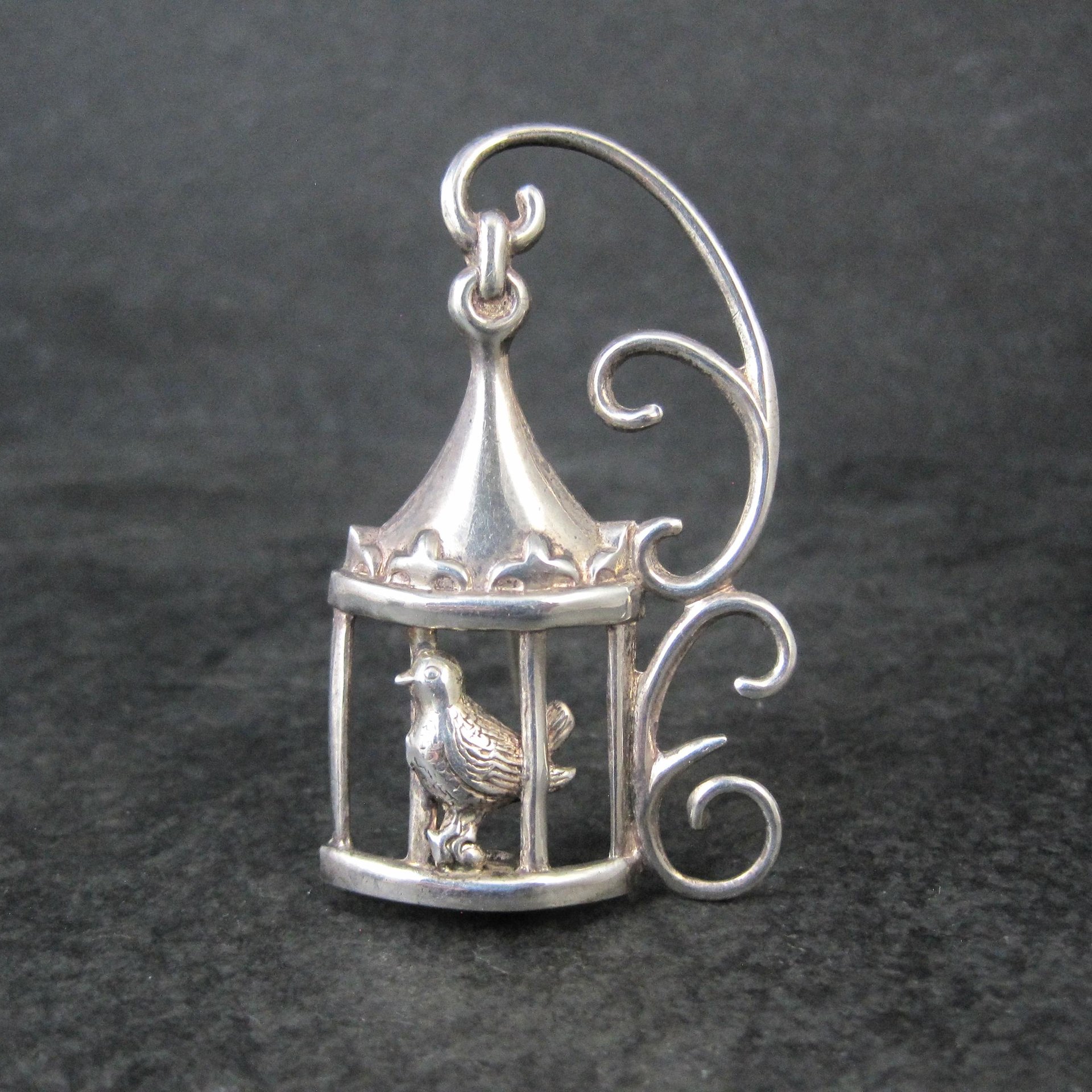 Vintage Sterling Silver Bird in Birdcage Brooch
