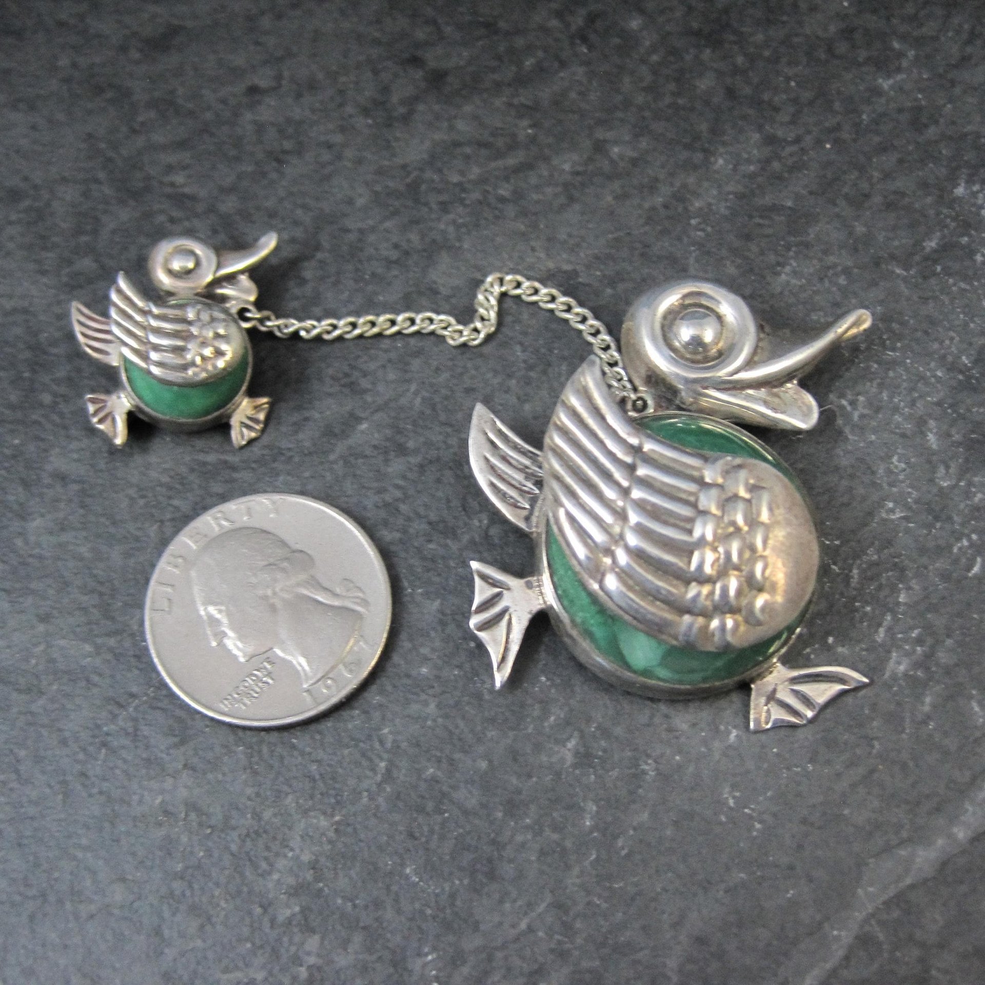 Vintage Sterling Green Calcite Mama Duck & Duckling Brooch Mexican Silver