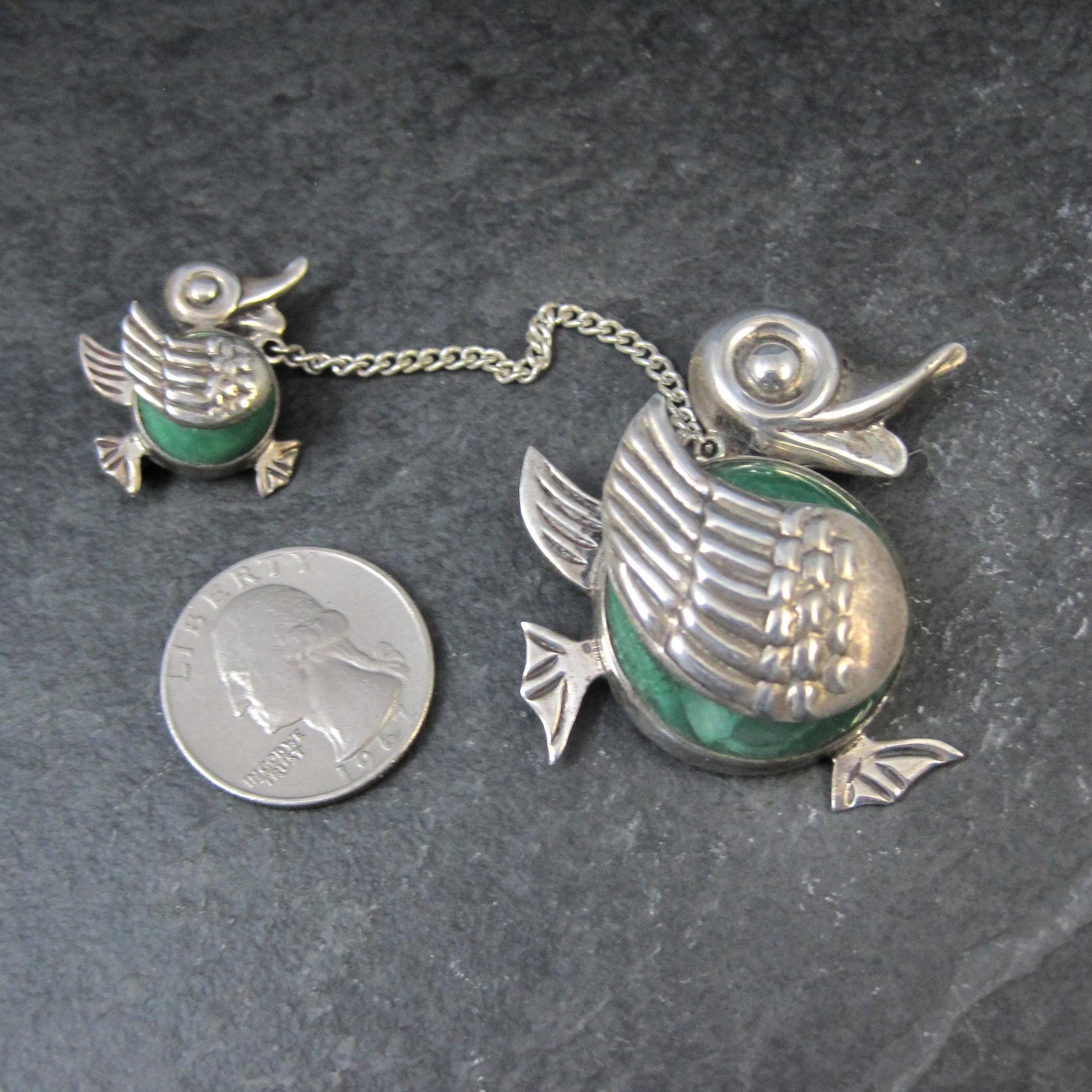 Vintage Sterling Green Calcite Mama Duck & Duckling Brooch Mexican Silver