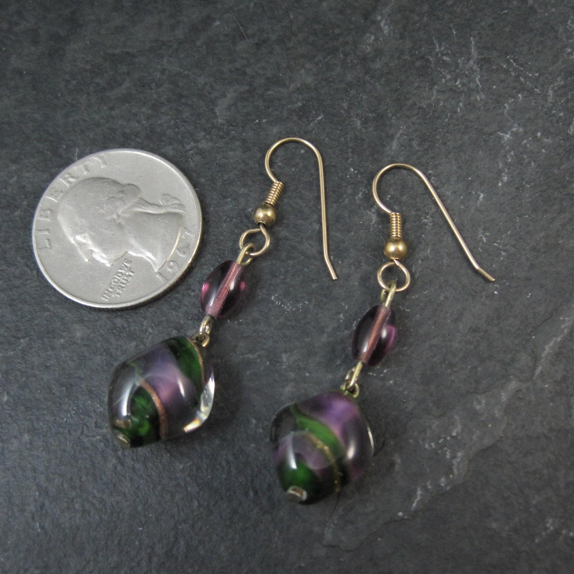 Long Purple & Green Art Glass Earrings