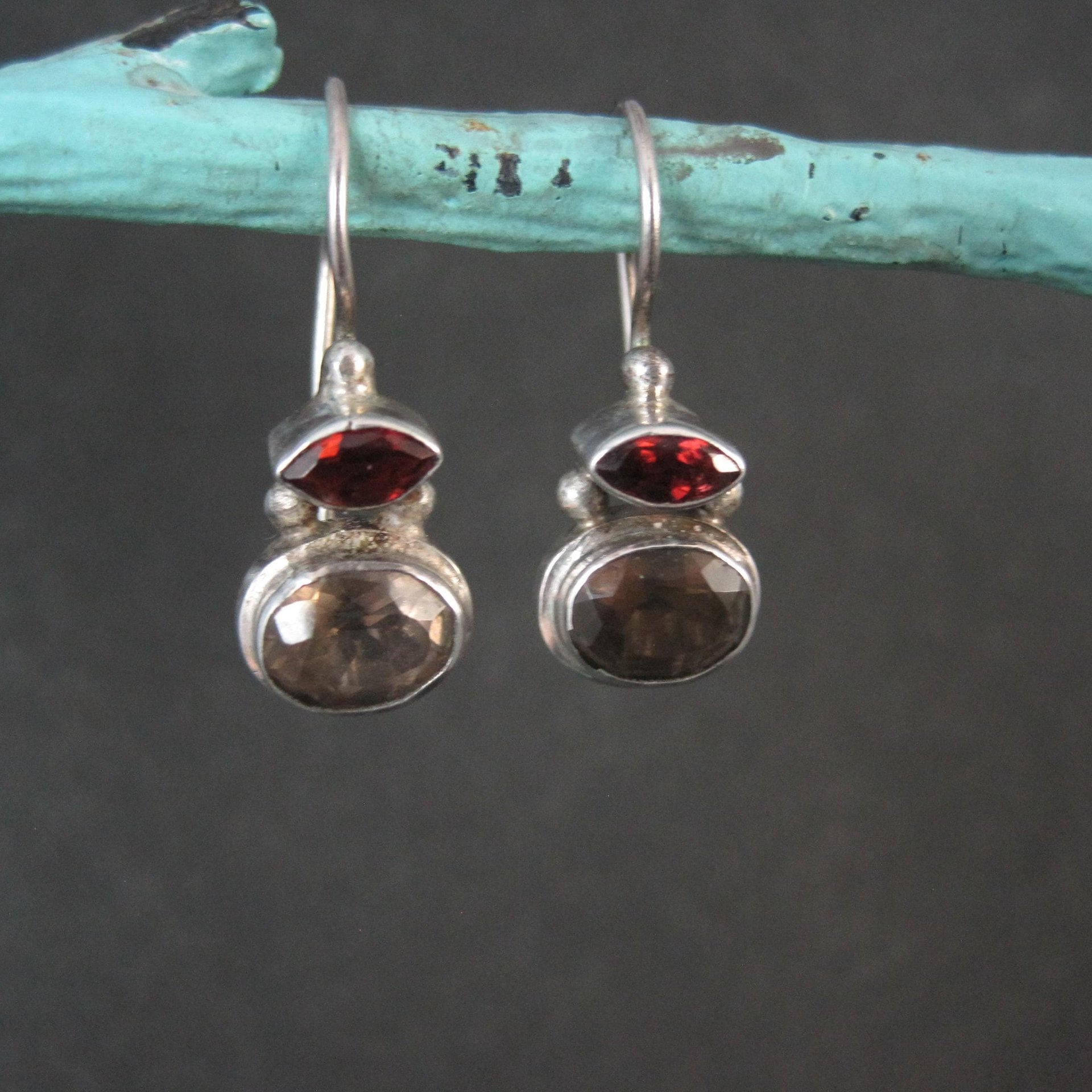 Sterling Garnet Smoky Quartz Earrings Latch Back