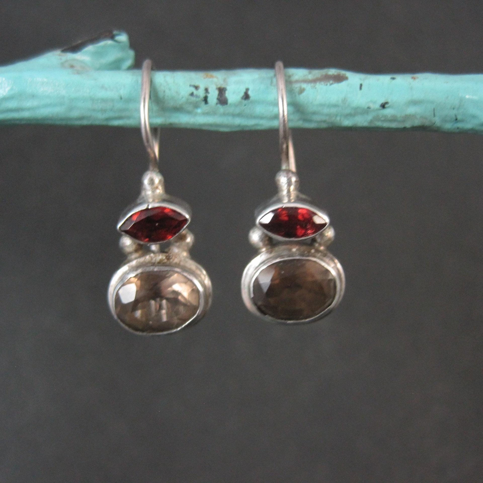 Sterling Garnet Smoky Quartz Earrings Latch Back
