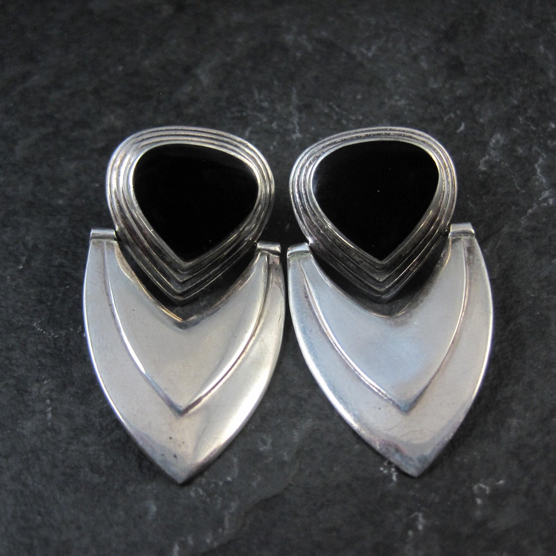 Large 1980s Onyx Earrings Sterling Silver
