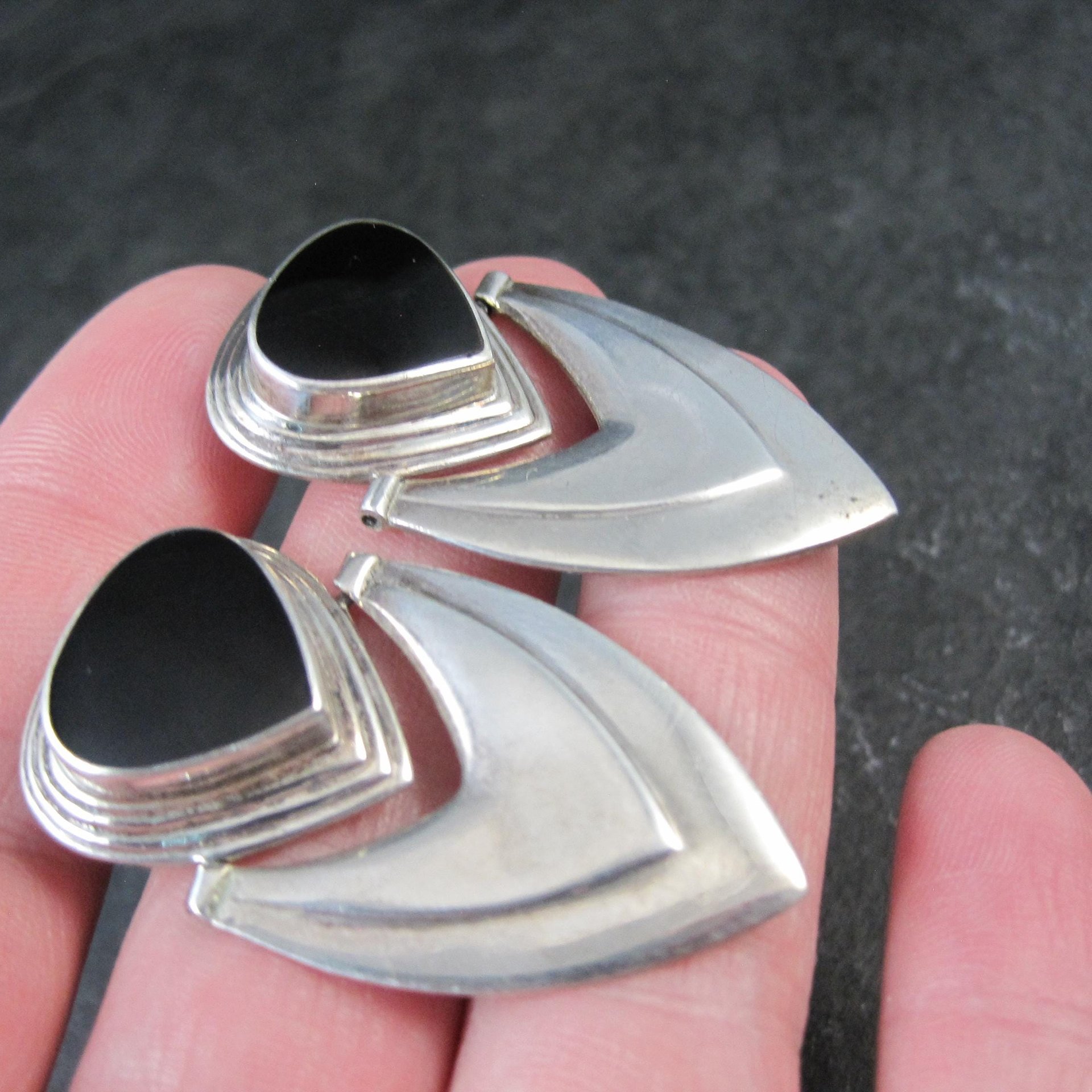 Large 1980s Onyx Earrings Sterling Silver