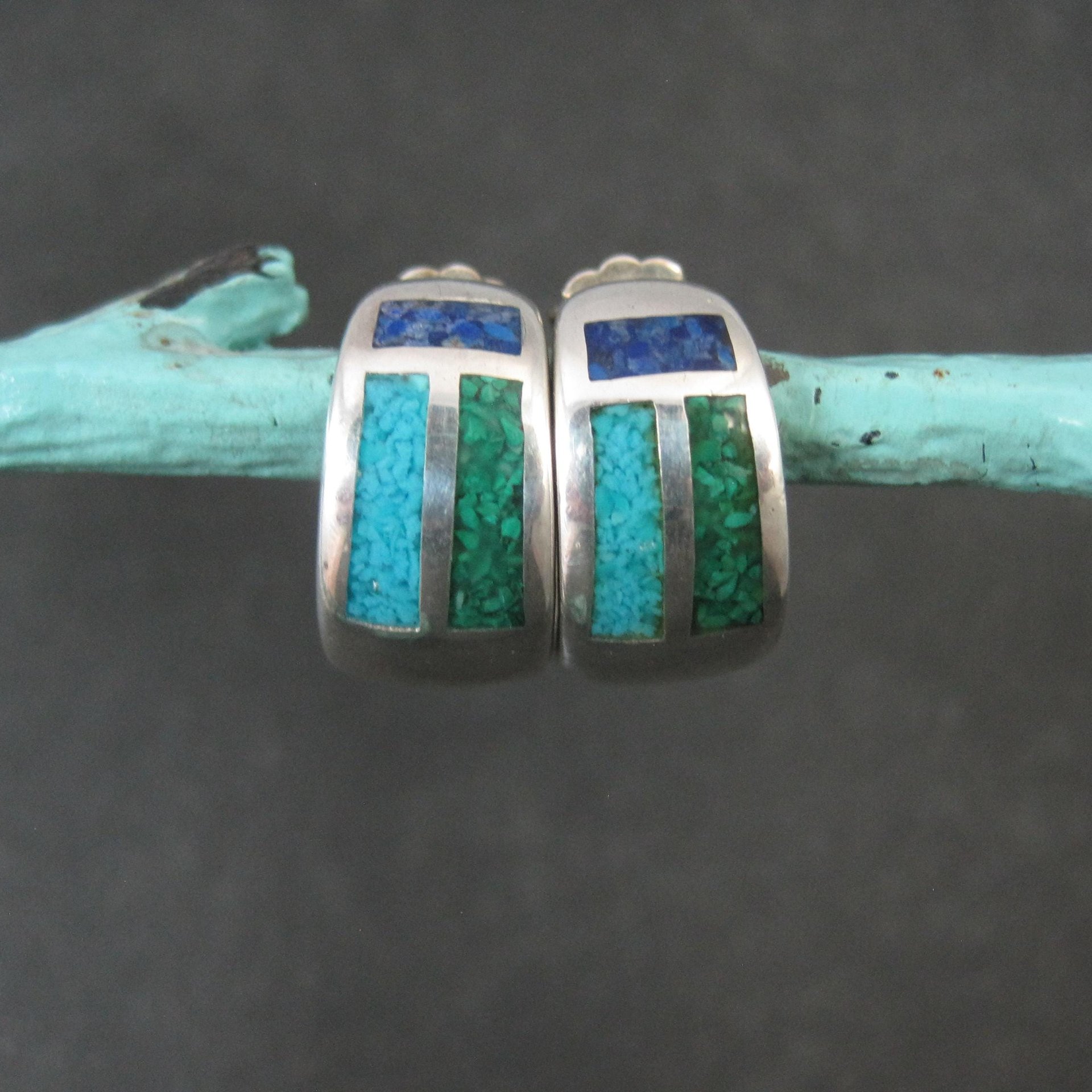 Vintage Inlaid Half Hoop Earrings Sterling Silver Coleman Company