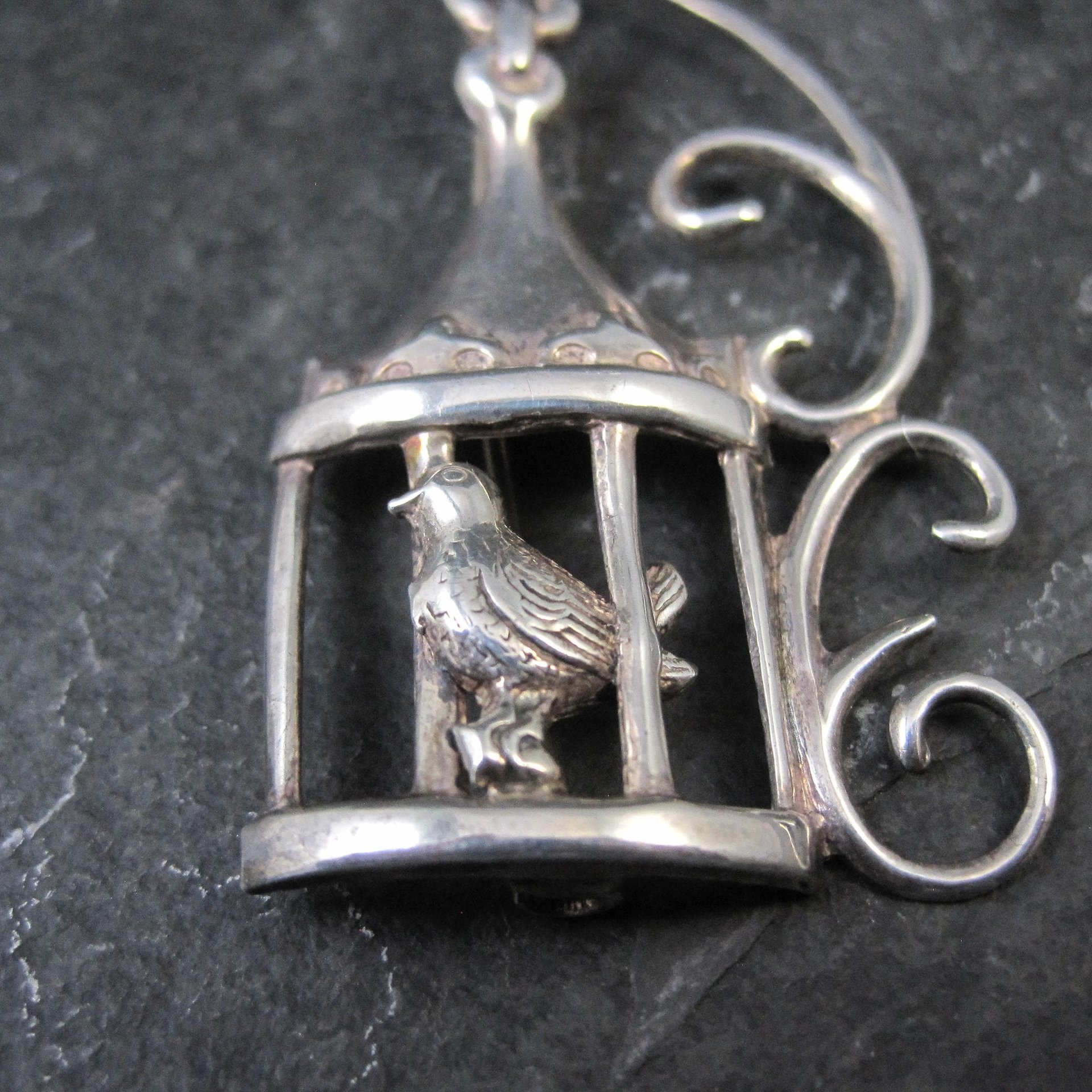 Vintage Sterling Silver Bird in Birdcage Brooch